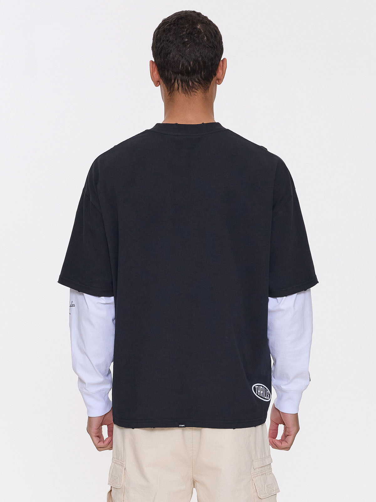 Fractured Layered Box Fit Cropped Long Sleeve Tee - Washed Black