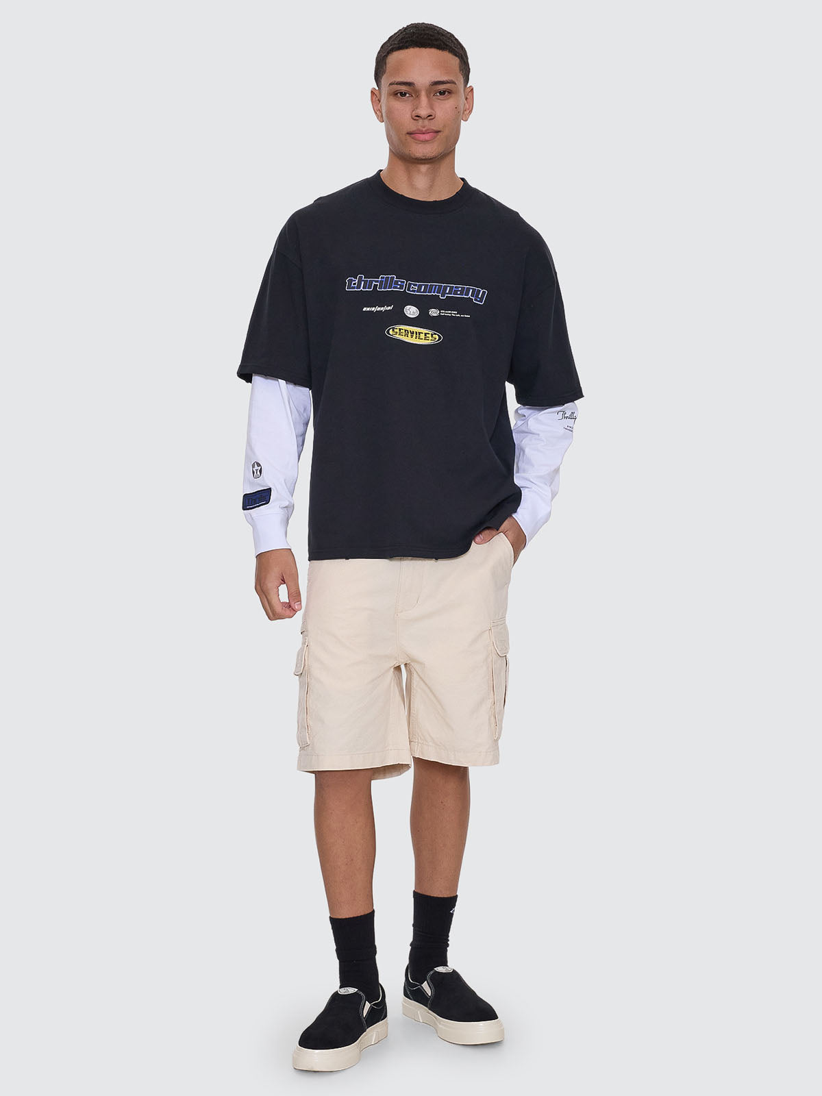 Fractured Layered Box Fit Cropped Long Sleeve Tee - Washed Black