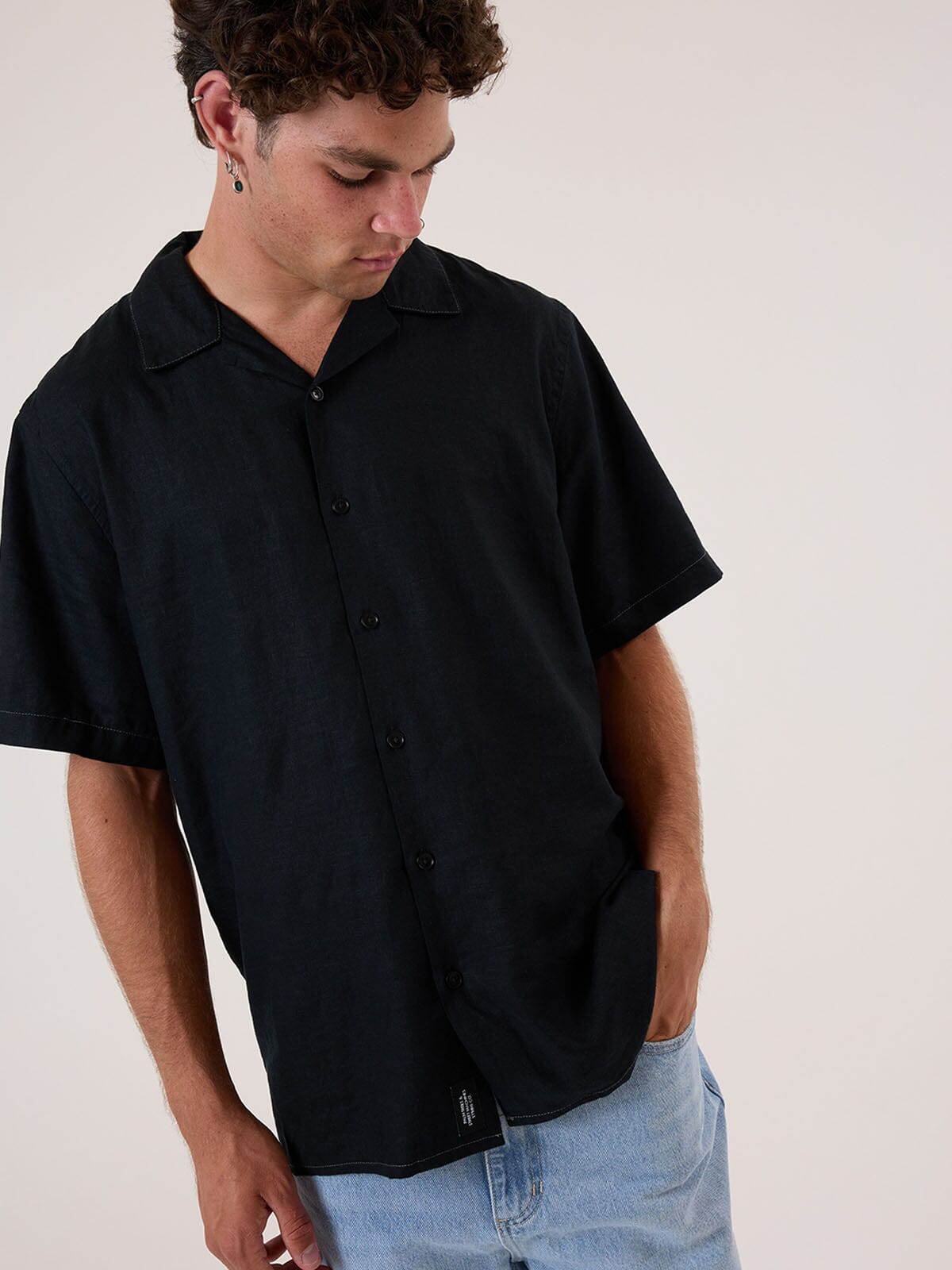 Hemp Minimal Thrills Contrast Stitch Bowling Shirt - Black - Grey Contrast XS