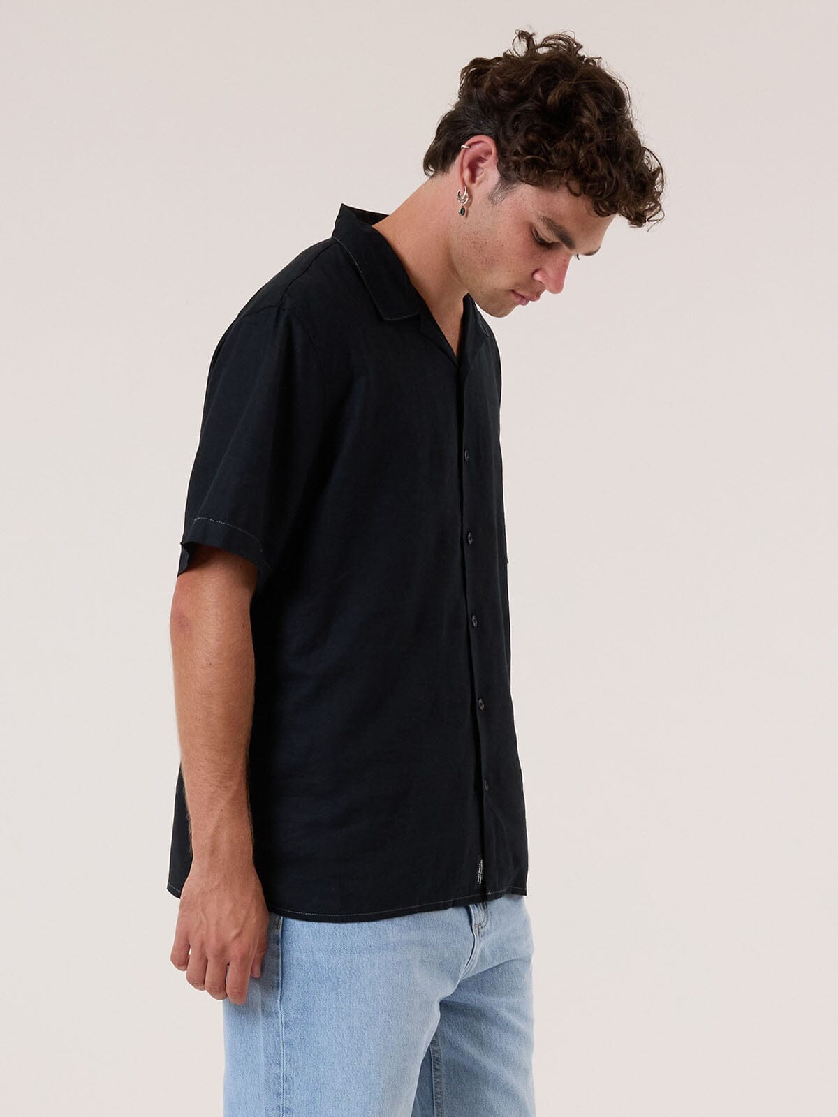 Hemp Minimal Thrills Contrast Stitch Bowling Shirt - Black - Grey Contrast XS