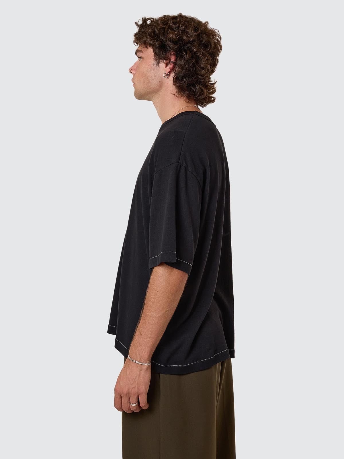 Hemp Thrills Embro Contrast Stitch Box Fit Oversize Cropped Tee - Black XS