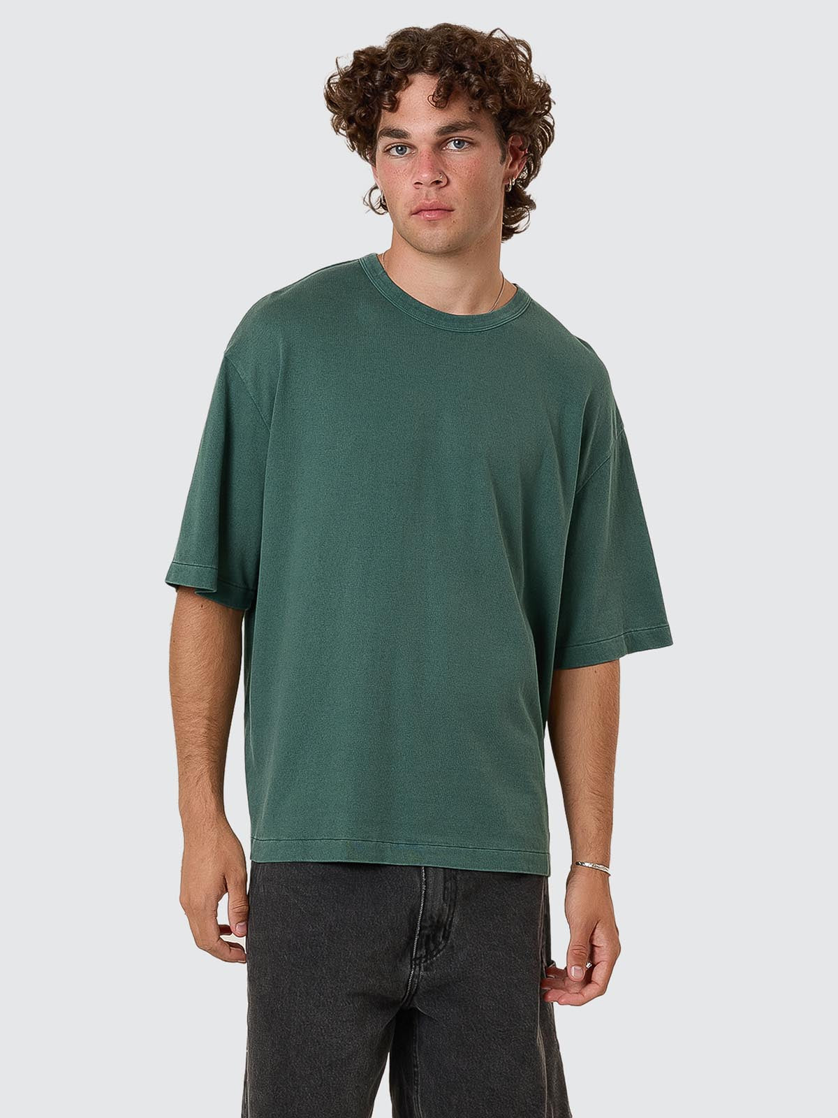 Hemp Thrills Embro Contrast Stitch Box Fit Oversize Cropped Tee - Sea Pine XS