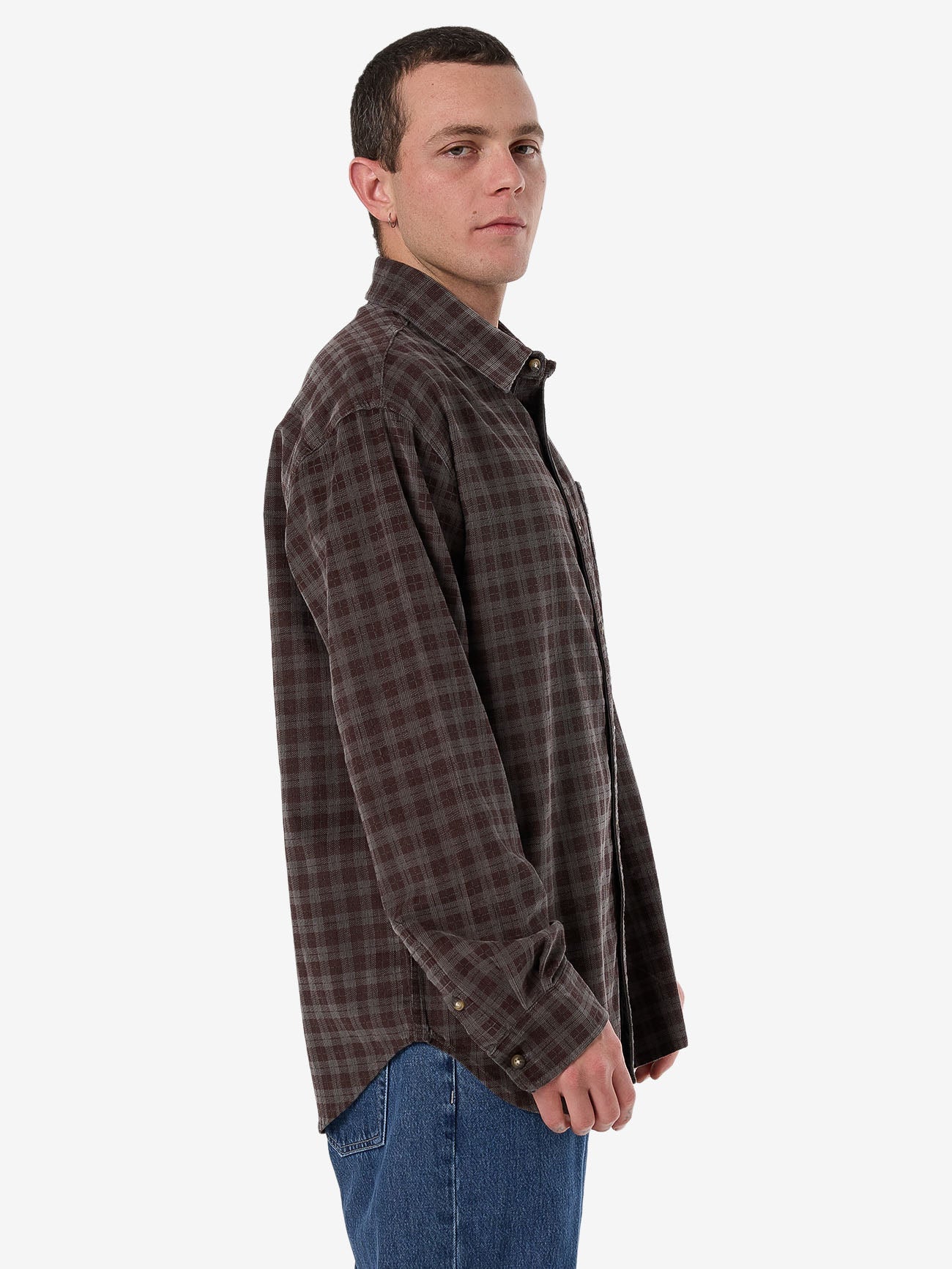 Thrills Union Cord Check Long Sleeve Shirt - Charcoal Rose