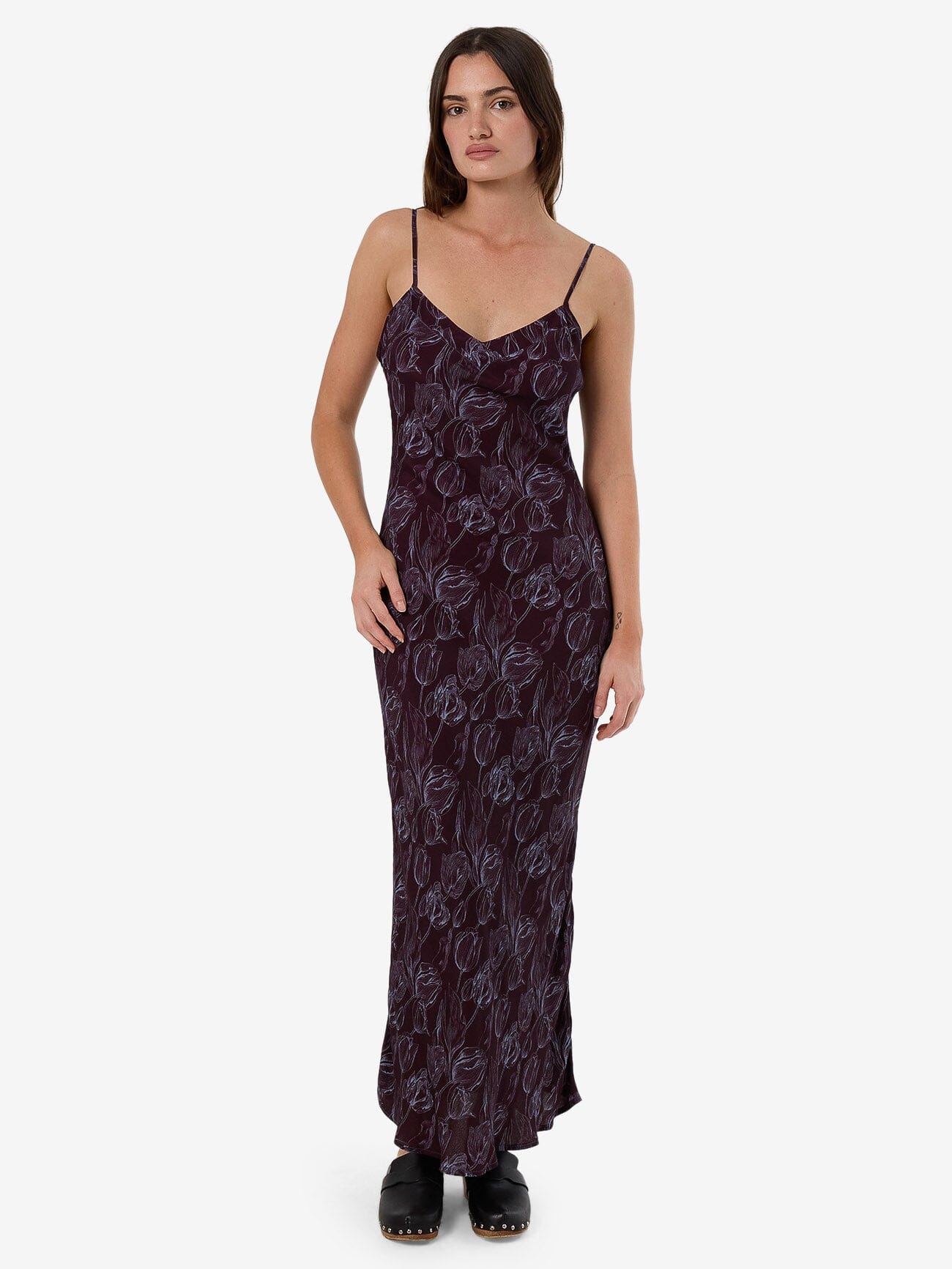 Female model wearing our Thrills Oracle Floral Maxi Dress in Red standing against a plain studio background.