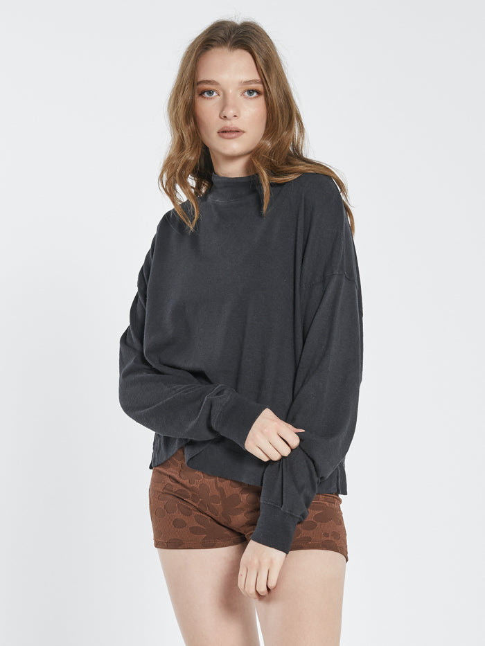 Hemp Mock Neck Long Sleeve Tee - Black