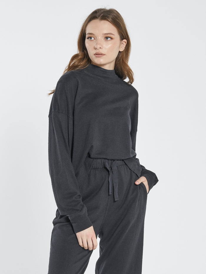 Hemp Mock Neck Long Sleeve Tee - Black