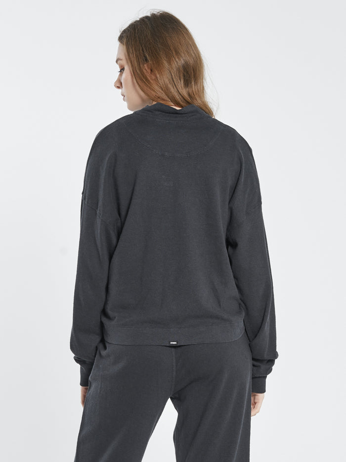 Hemp Mock Neck Long Sleeve Tee - Black