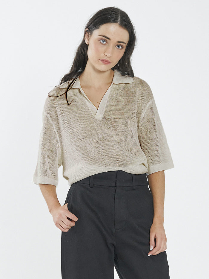 Linen Knitted Oversized Polo - Unbleached