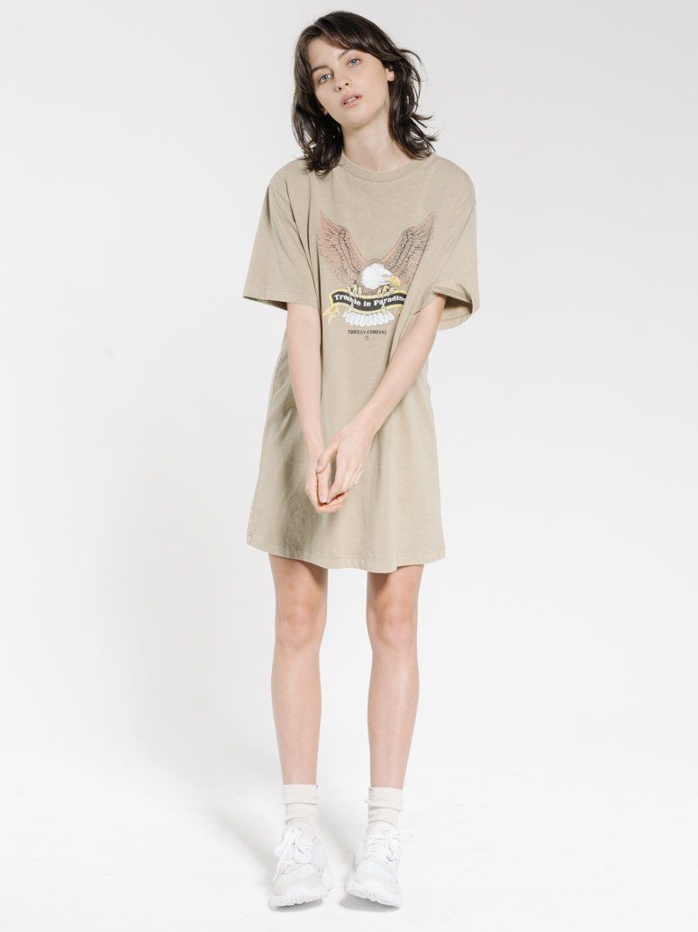 Troubled Paradise Merch Fit Tee Dress - Washed Tan