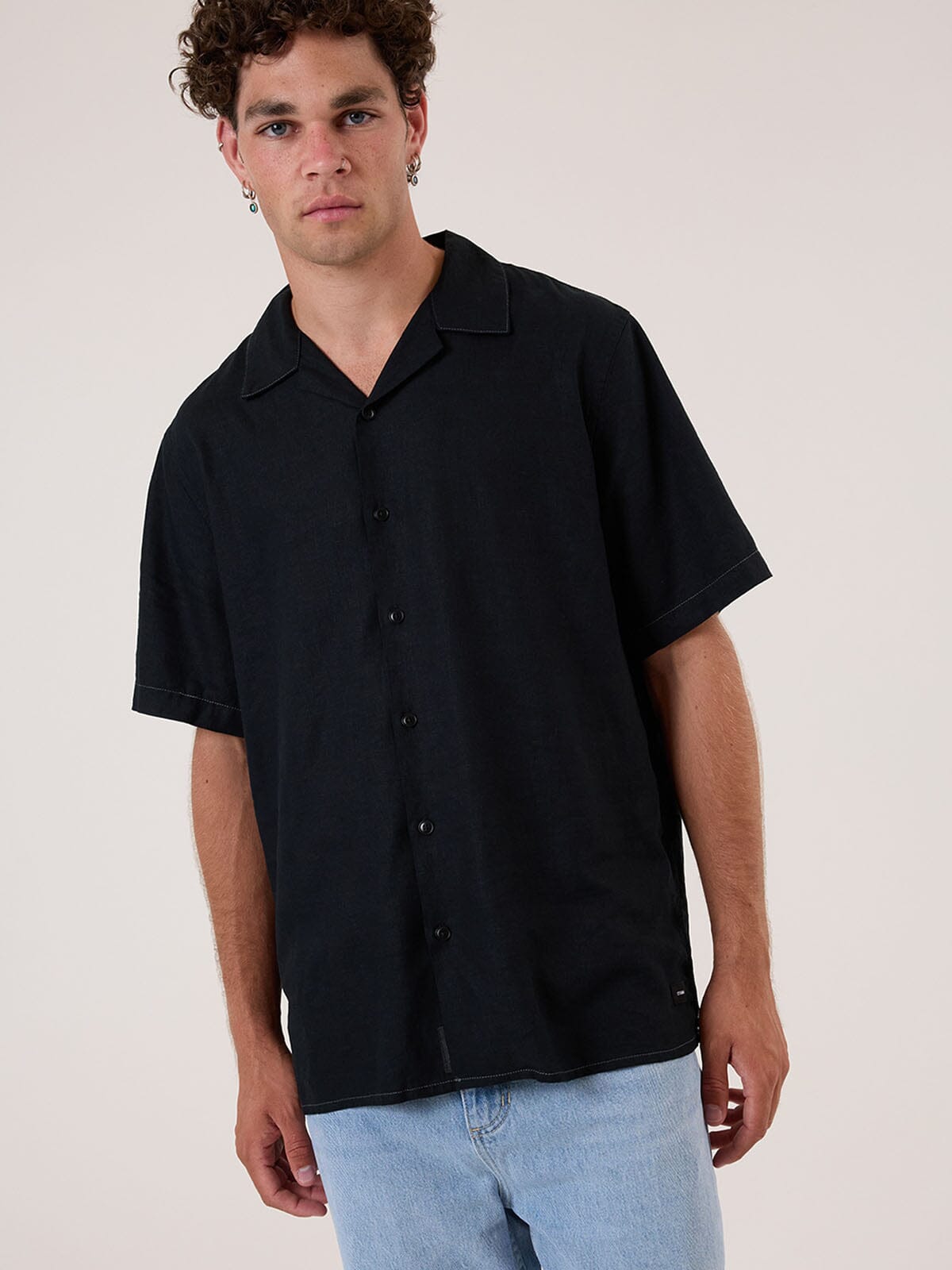 Hemp Minimal Thrills Contrast Stitch Bowling Shirt - Black - Grey Contrast XS