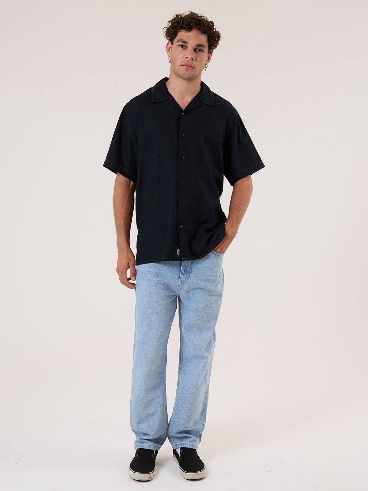 Hemp Minimal Thrills Contrast Stitch Bowling Shirt - Black - Grey Contrast XS