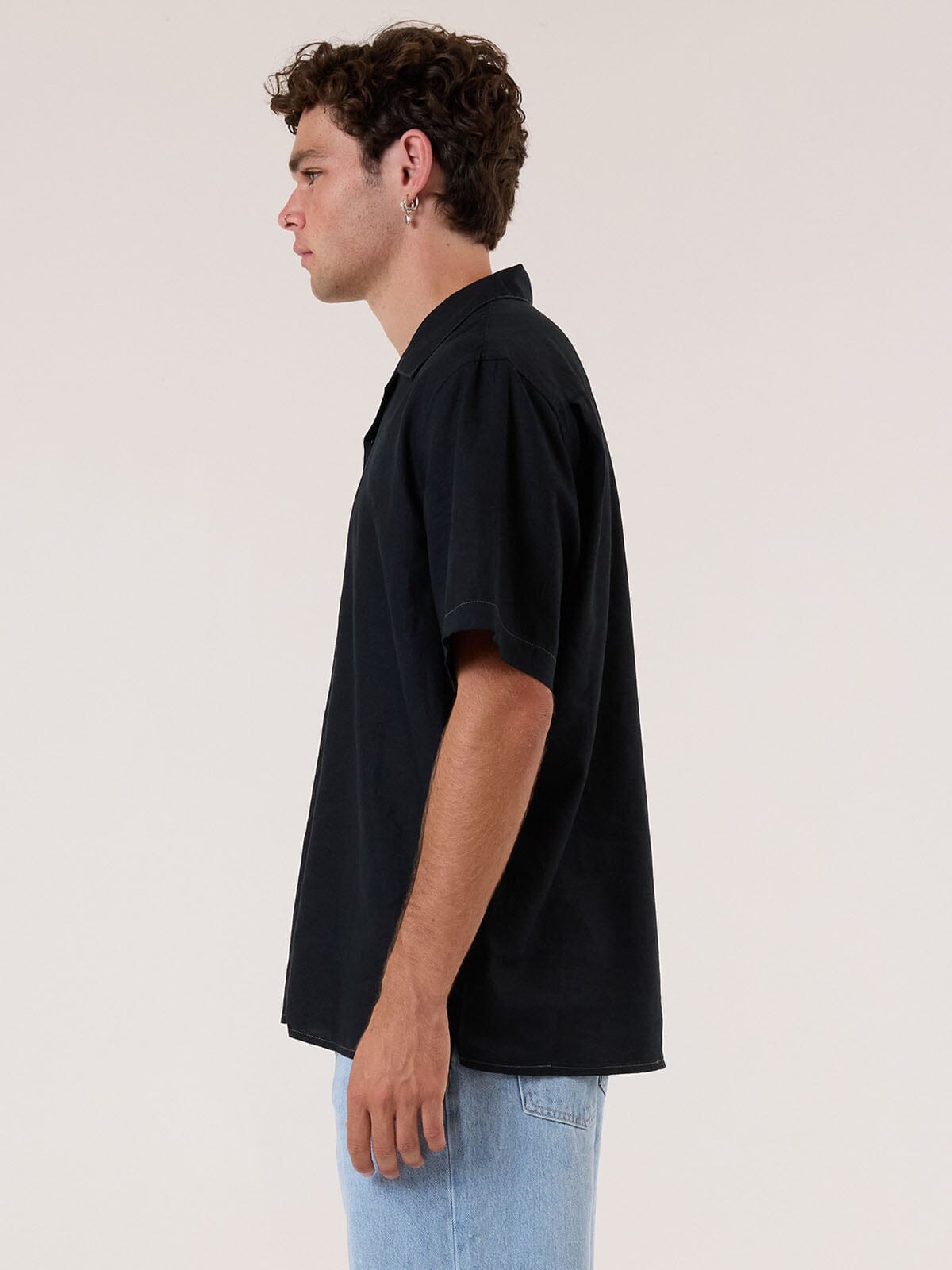 Hemp Minimal Thrills Contrast Stitch Bowling Shirt - Black - Grey Contrast XS