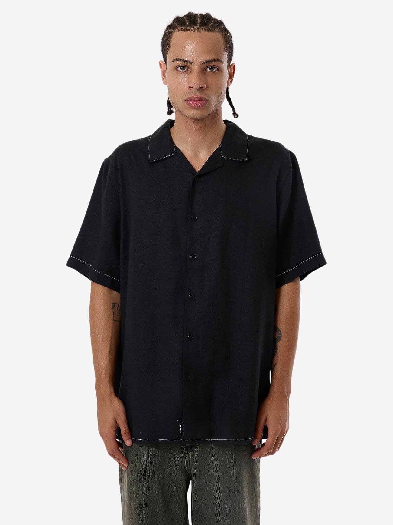 Hemp Minimal Thrills Contrast Stitch Bowling Shirt - Black