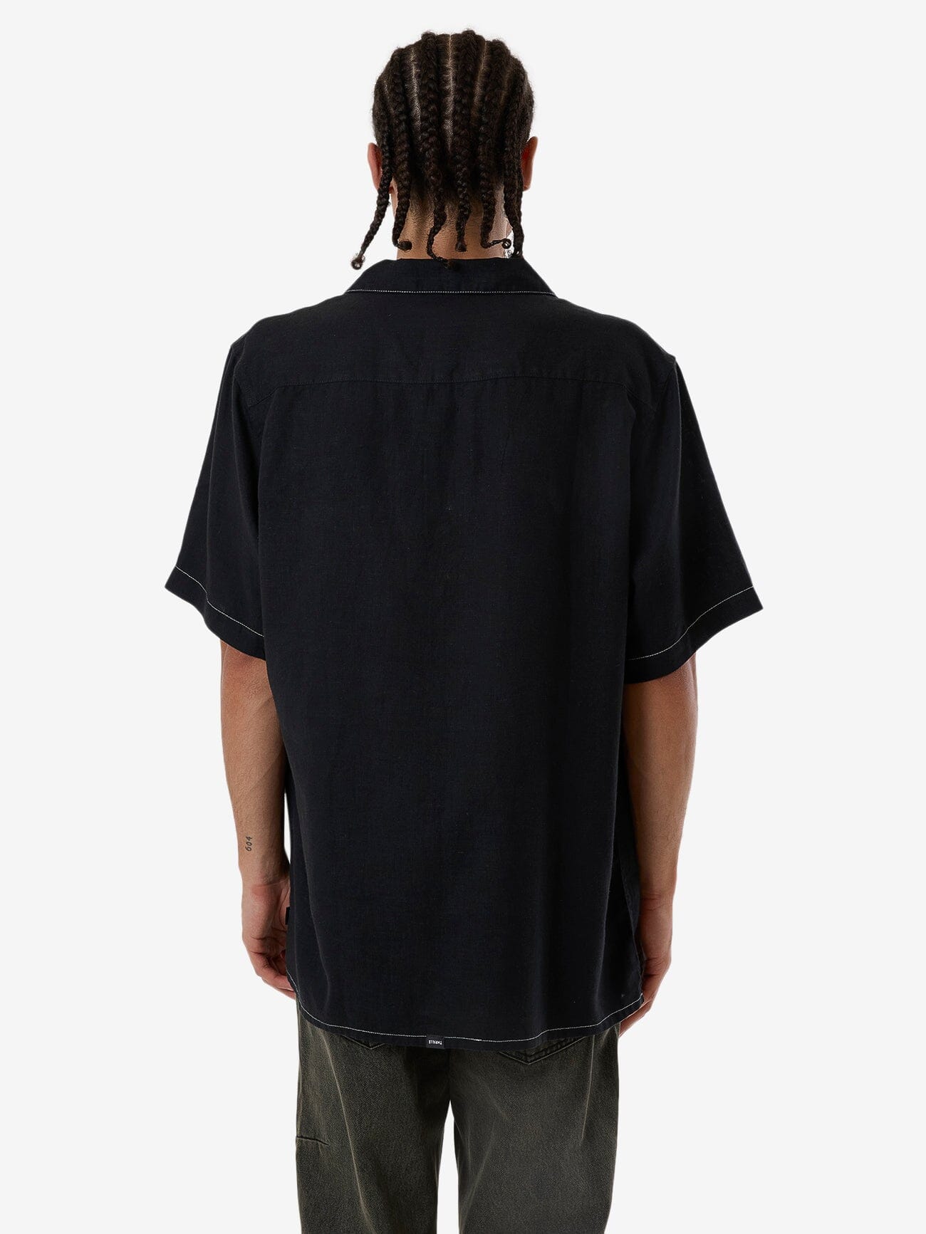 Hemp Minimal Thrills Contrast Stitch Bowling Shirt - Black XS