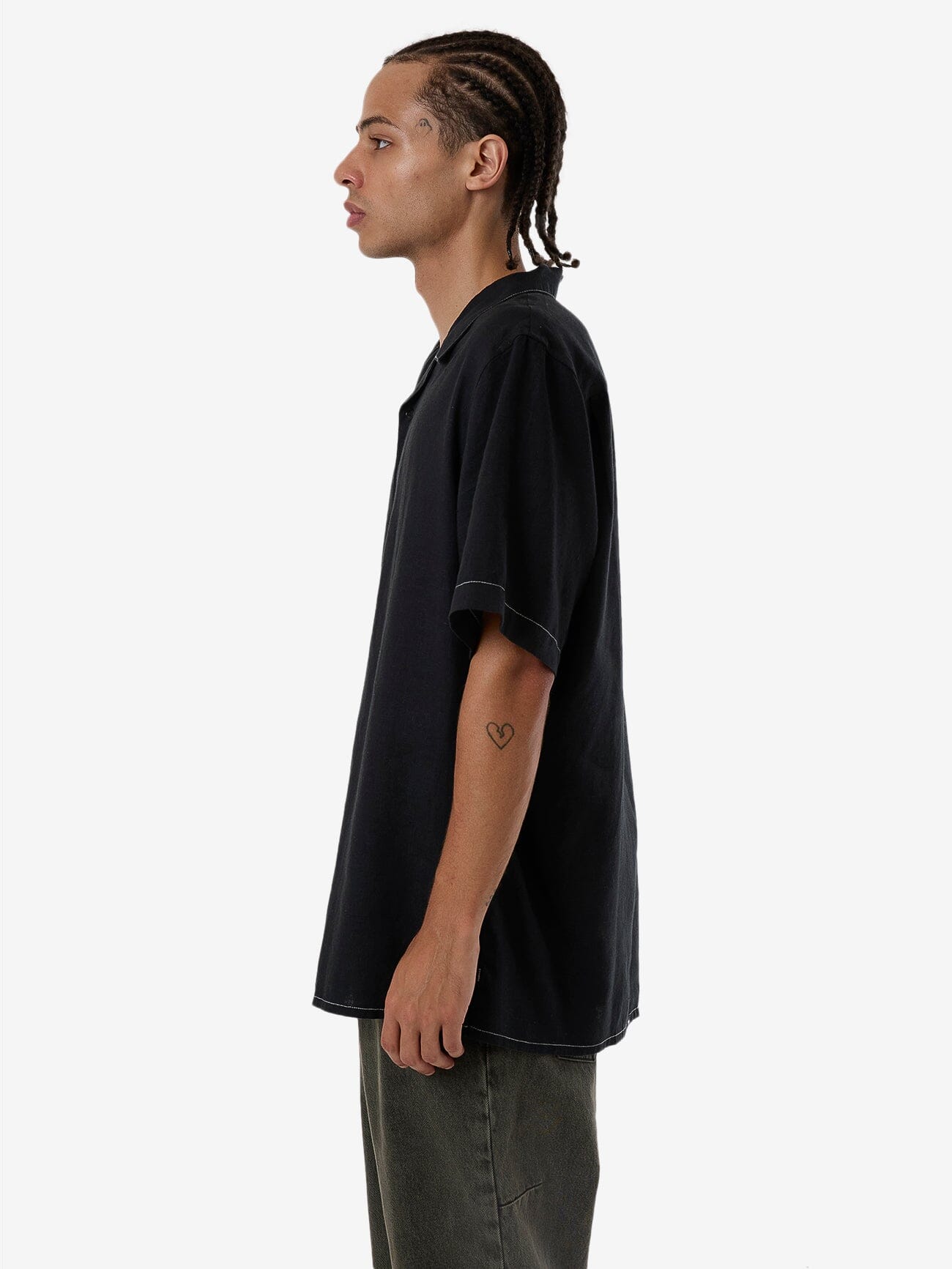 Hemp Minimal Thrills Contrast Stitch Bowling Shirt - Black XS