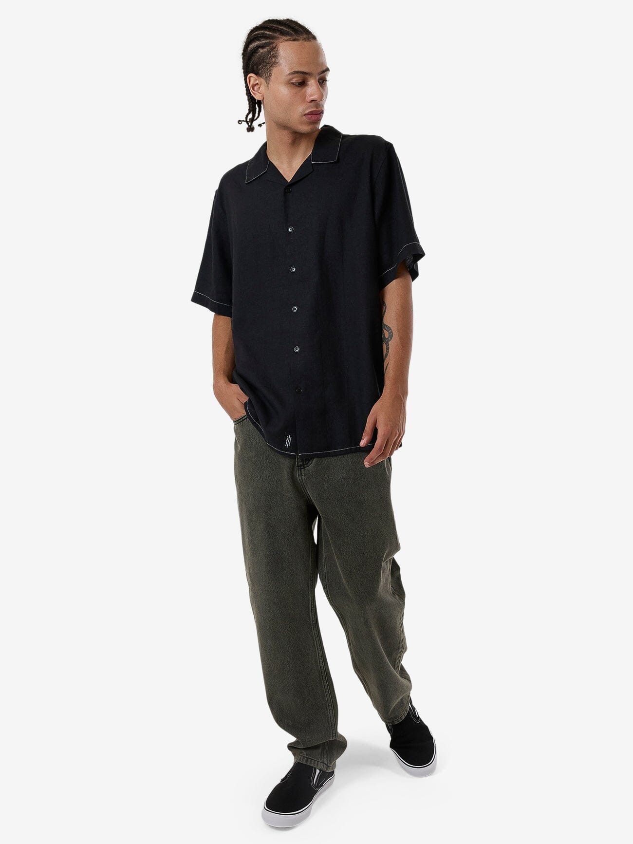 Hemp Minimal Thrills Contrast Stitch Bowling Shirt - Black XS