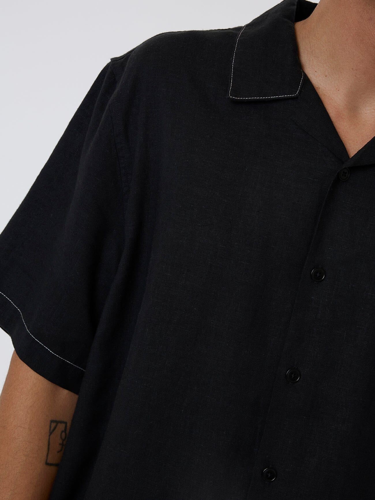 Hemp Minimal Thrills Contrast Stitch Bowling Shirt - Black XS