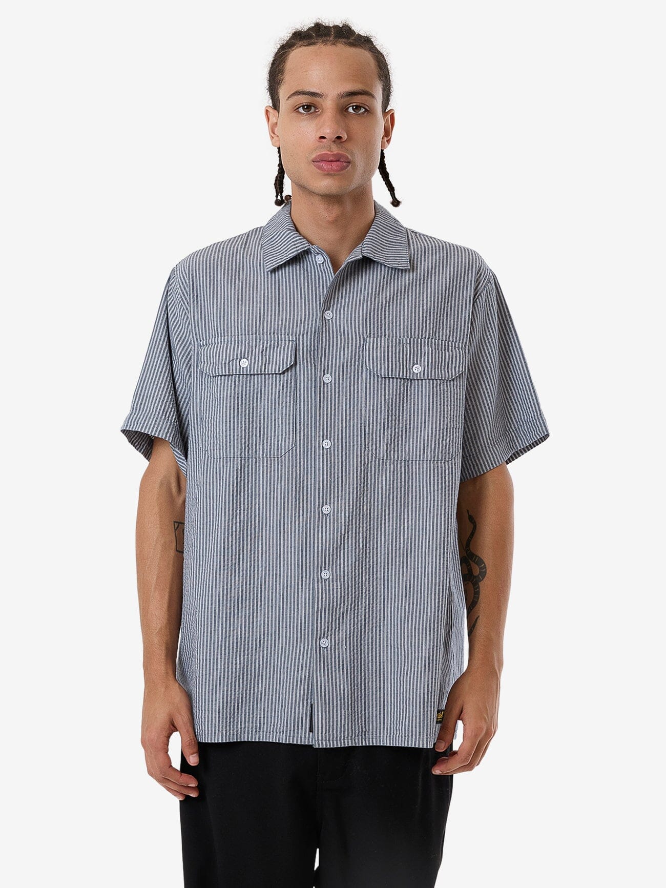 Thrills Union Short Sleeve Stripe Work Shirt - Light Petrol XS