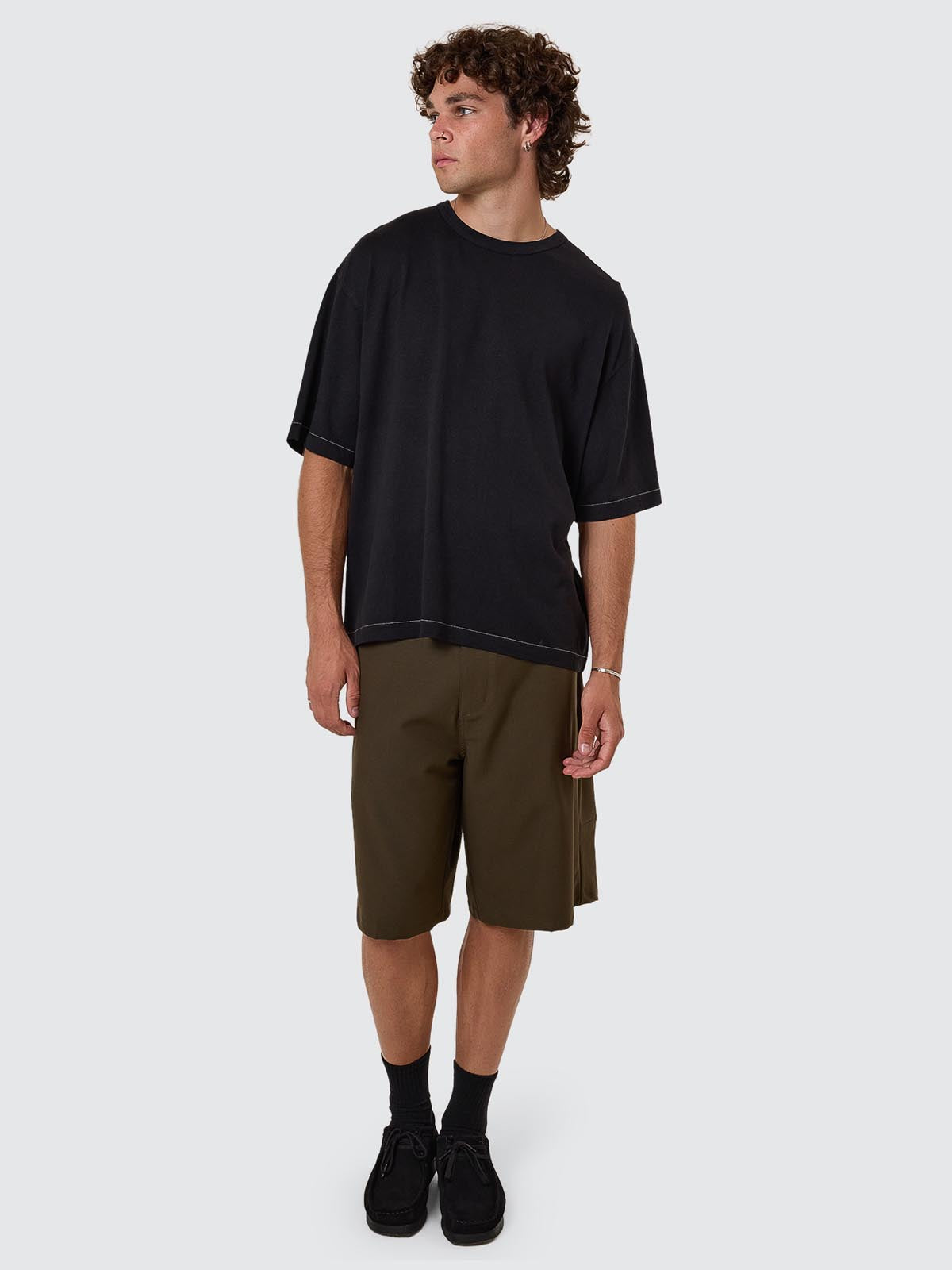 Hemp Thrills Embro Contrast Stitch Box Fit Oversize Cropped Tee - Black XS
