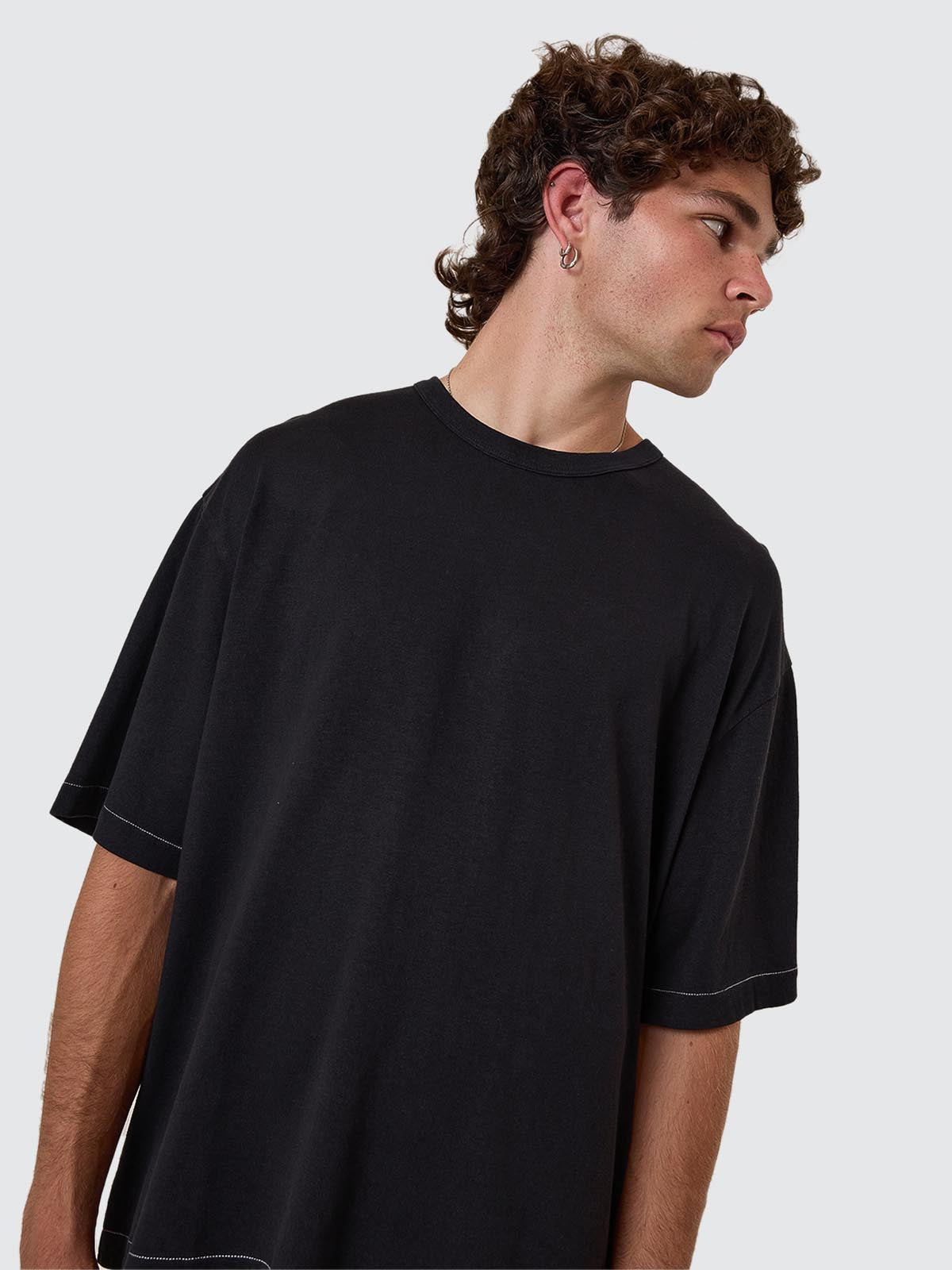 Hemp Thrills Embro Contrast Stitch Box Fit Oversize Cropped Tee - Black XS