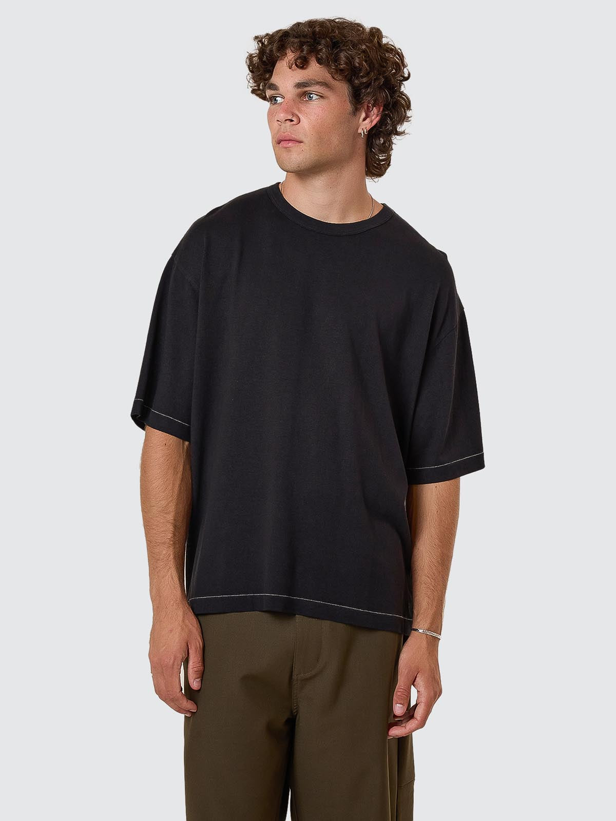 Hemp Thrills Embro Contrast Stitch Box Fit Oversize Cropped Tee - Black XS