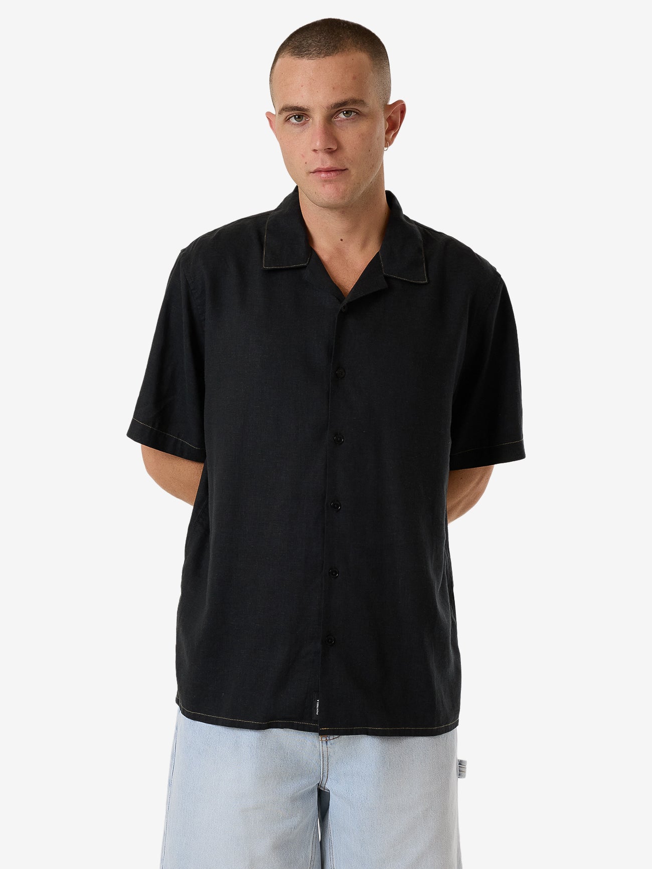 Hemp Minimal Thrills Contrast Stitch Bowling Shirt - Black XS