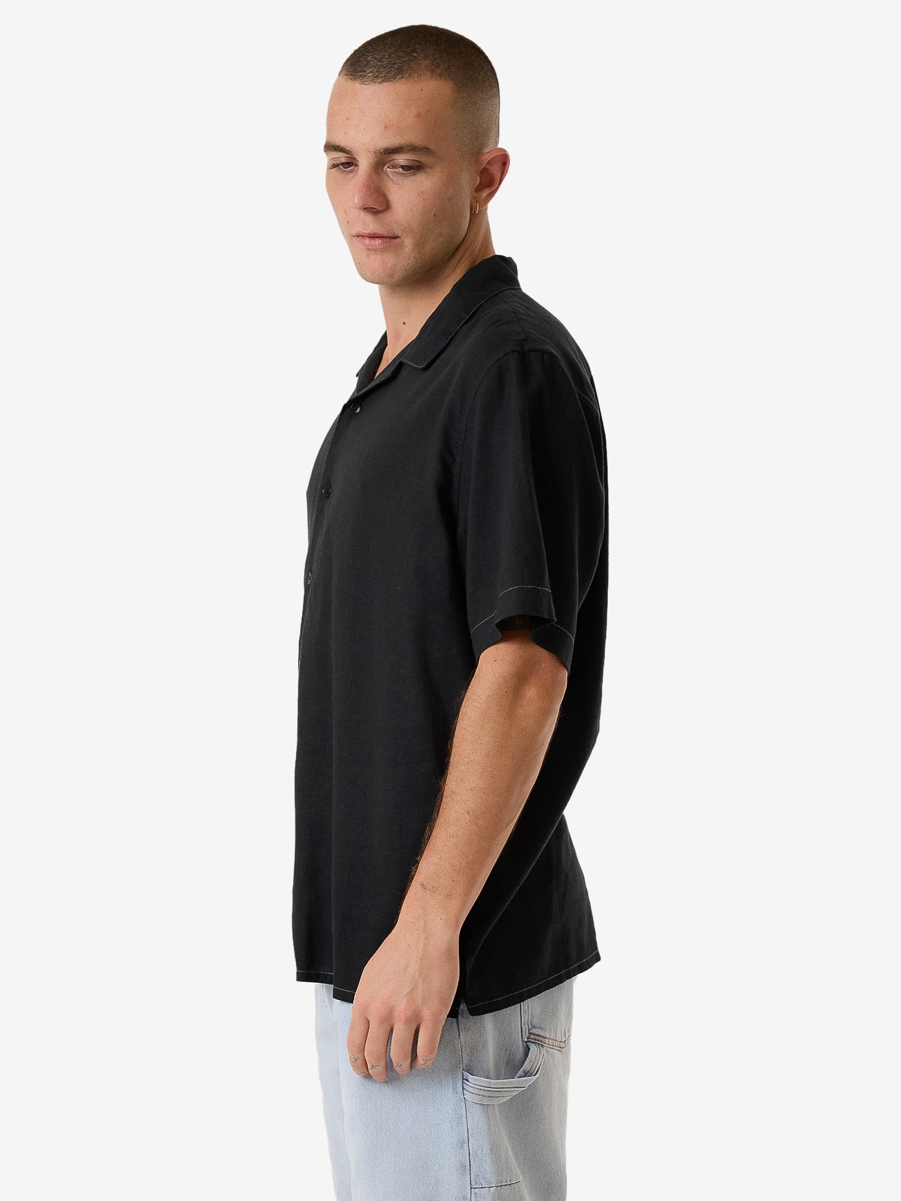 Hemp Minimal Thrills Contrast Stitch Bowling Shirt - Black XS