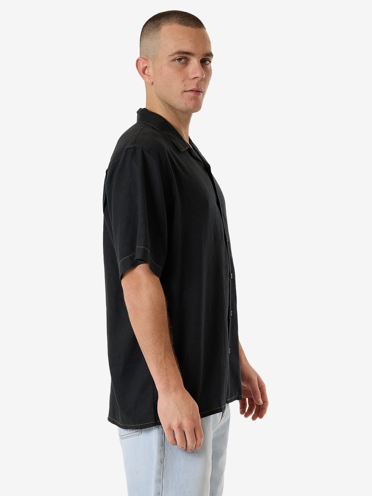 Hemp Minimal Thrills Contrast Stitch Bowling Shirt - Black XS