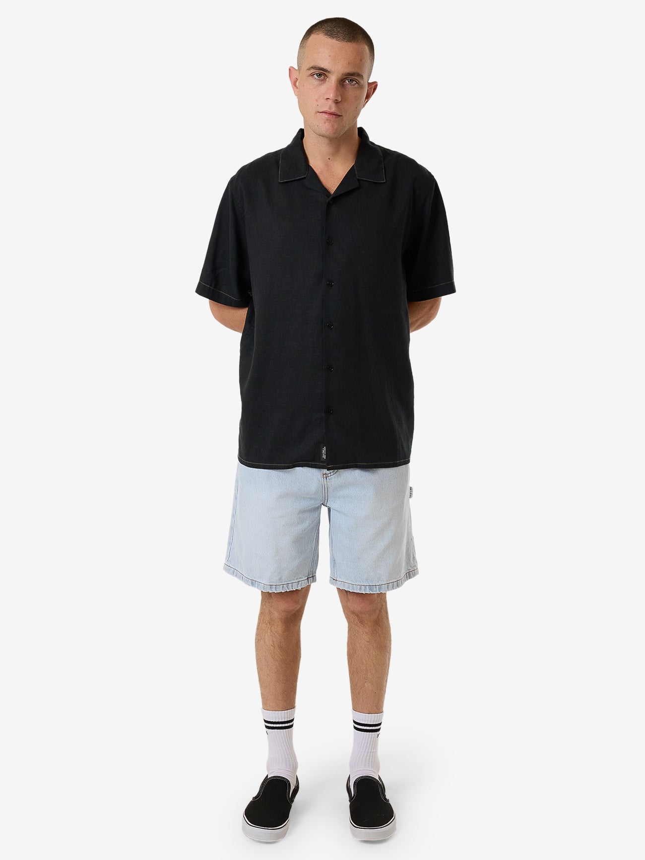 Hemp Minimal Thrills Contrast Stitch Bowling Shirt - Black XS