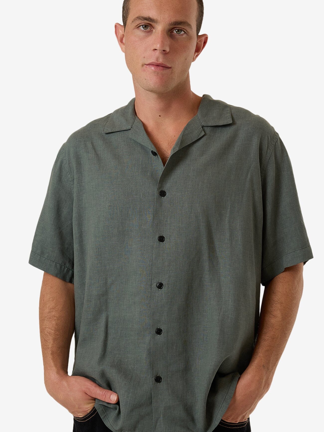 Hemp Minimal Thrills Contrast Stitch Bowling Shirt - Dark Forest XS