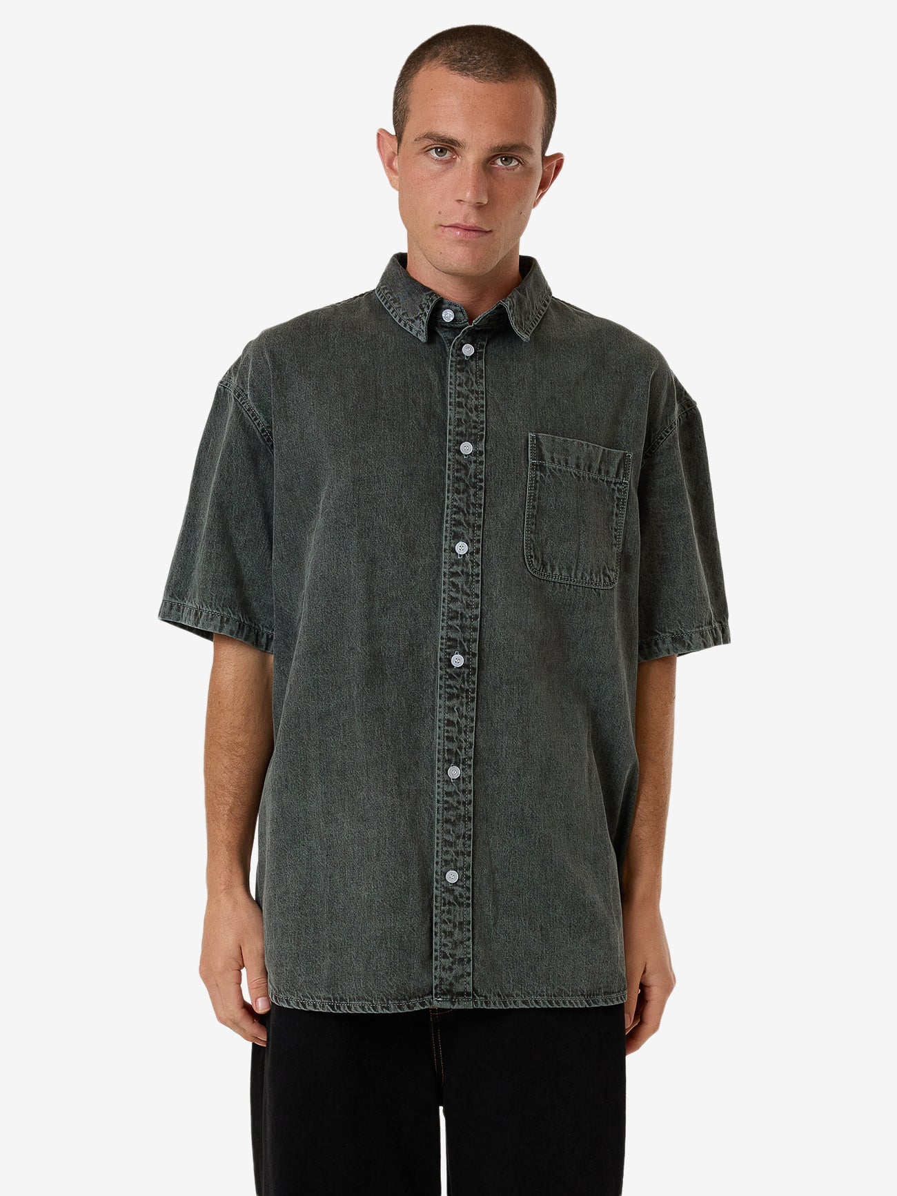 Canyon Oversize Short Sleeve Denim Shirt - Dark Forest