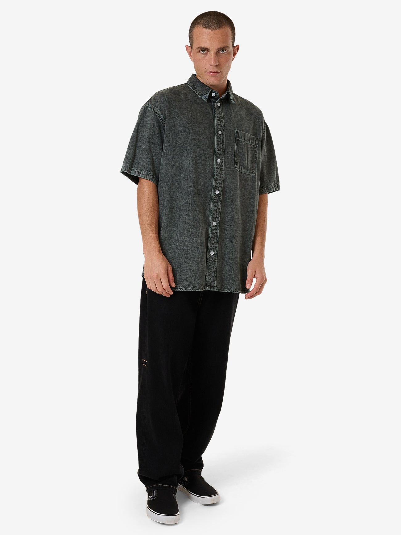 Canyon Oversize Short Sleeve Denim Shirt - Dark Forest