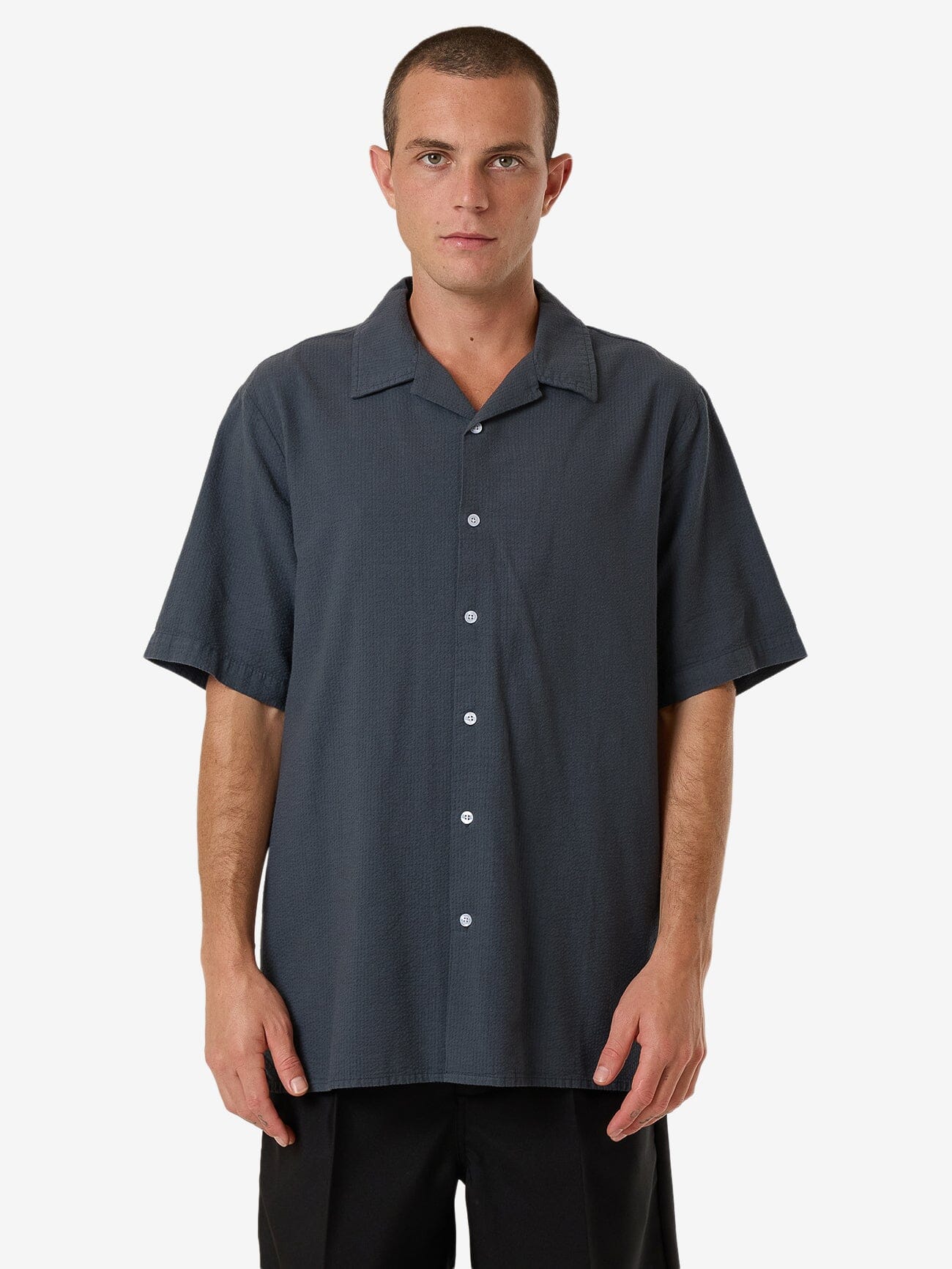 Minimal Thrills Stripe Bowling Shirt - Dark Slate XS