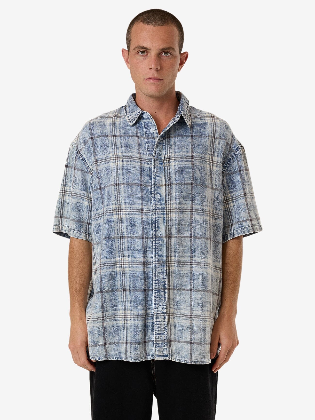 Society Oversize Short Sleeve Check Denim Shirt - Bleach Blue XS