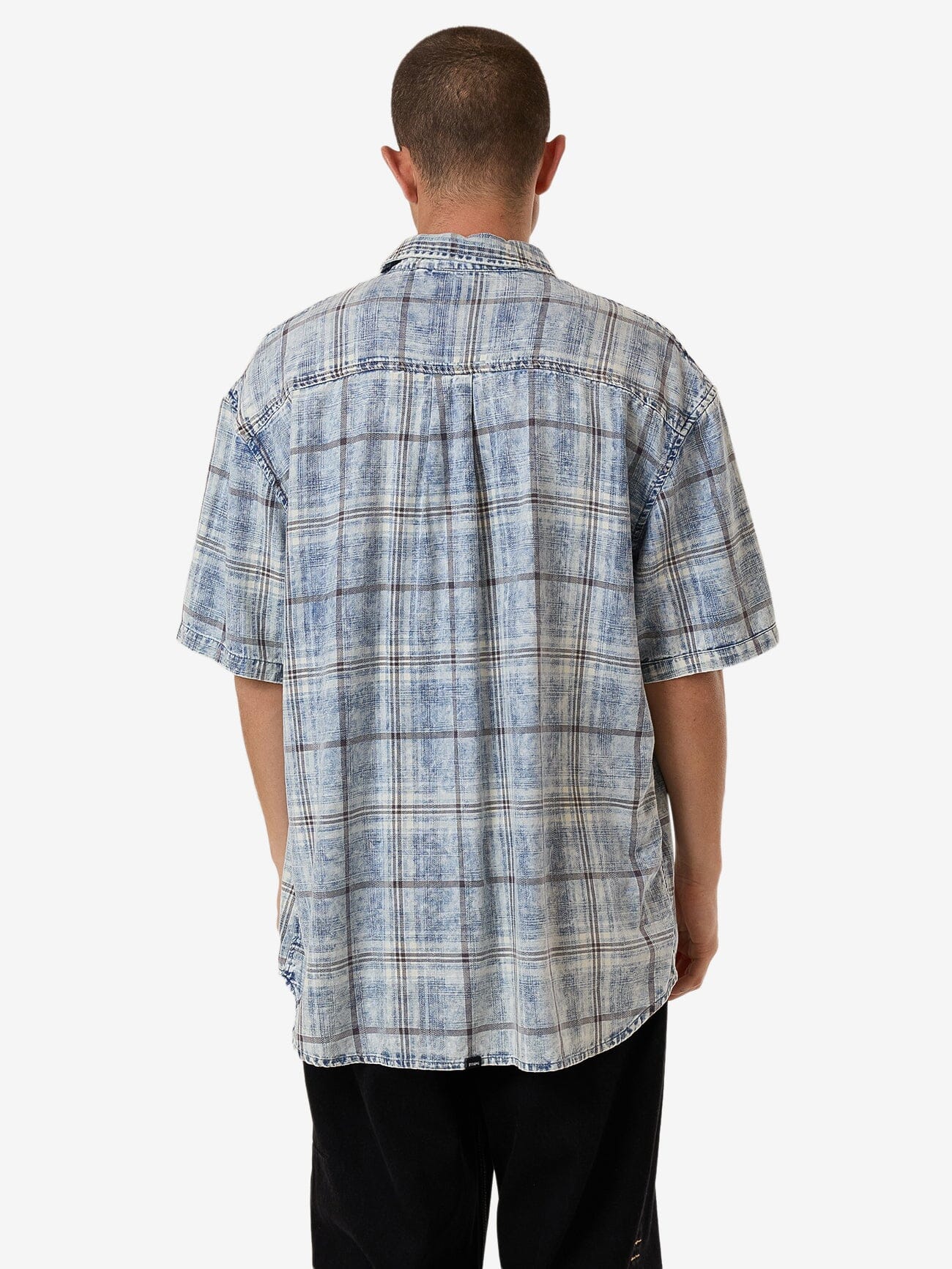 Society Oversize Short Sleeve Check Denim Shirt - Bleach Blue XS