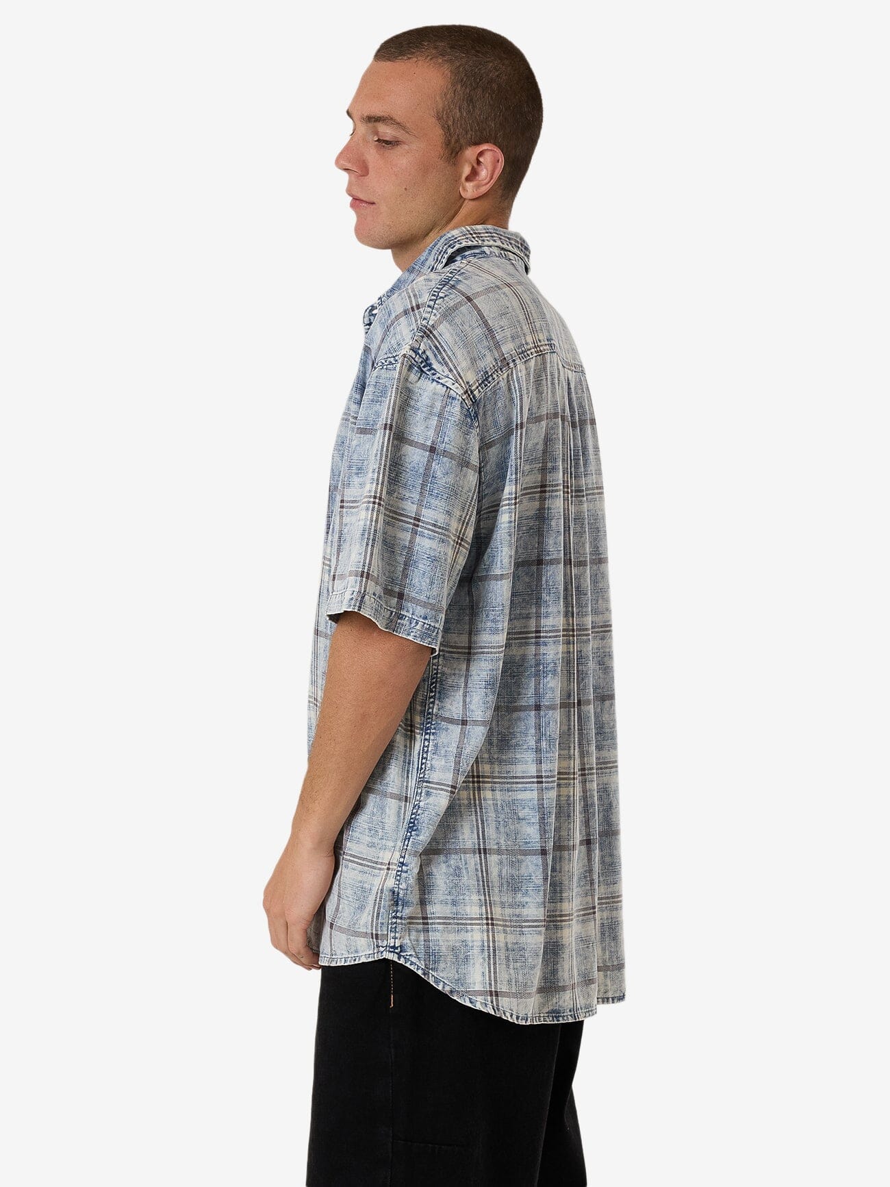 Society Oversize Short Sleeve Check Denim Shirt - Bleach Blue XS