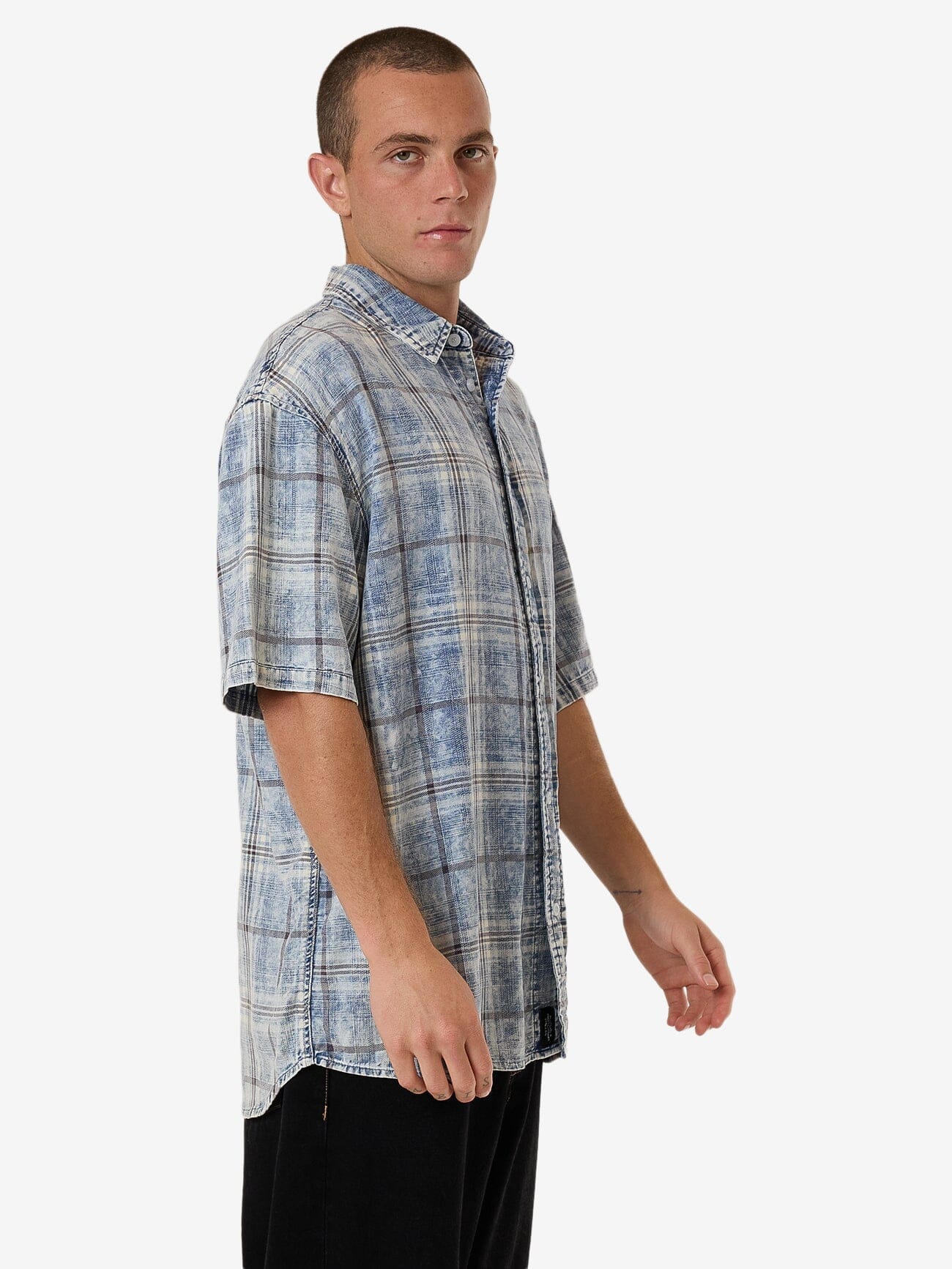 Society Oversize Short Sleeve Check Denim Shirt - Bleach Blue XS