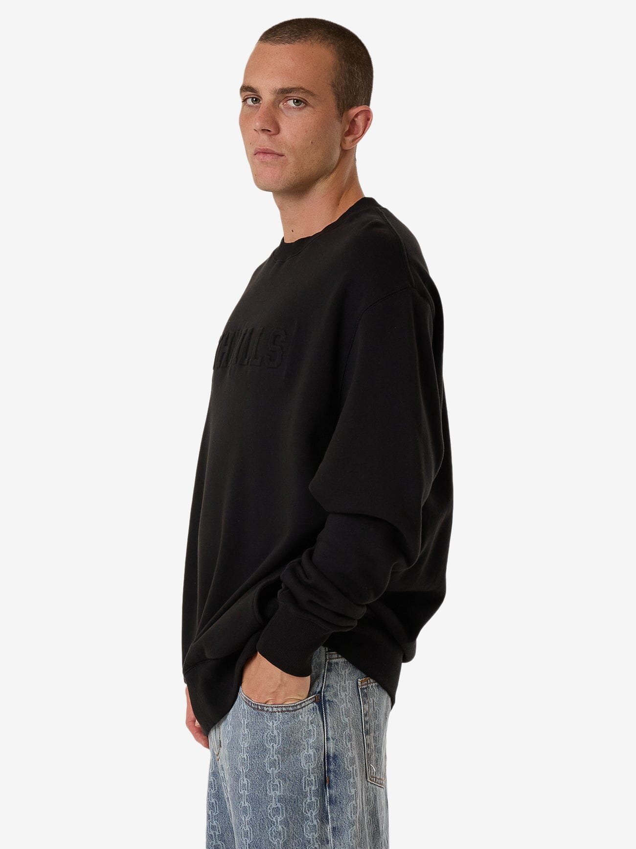 Roosevelt Emboss Oversize Crew Fleece - Black XS