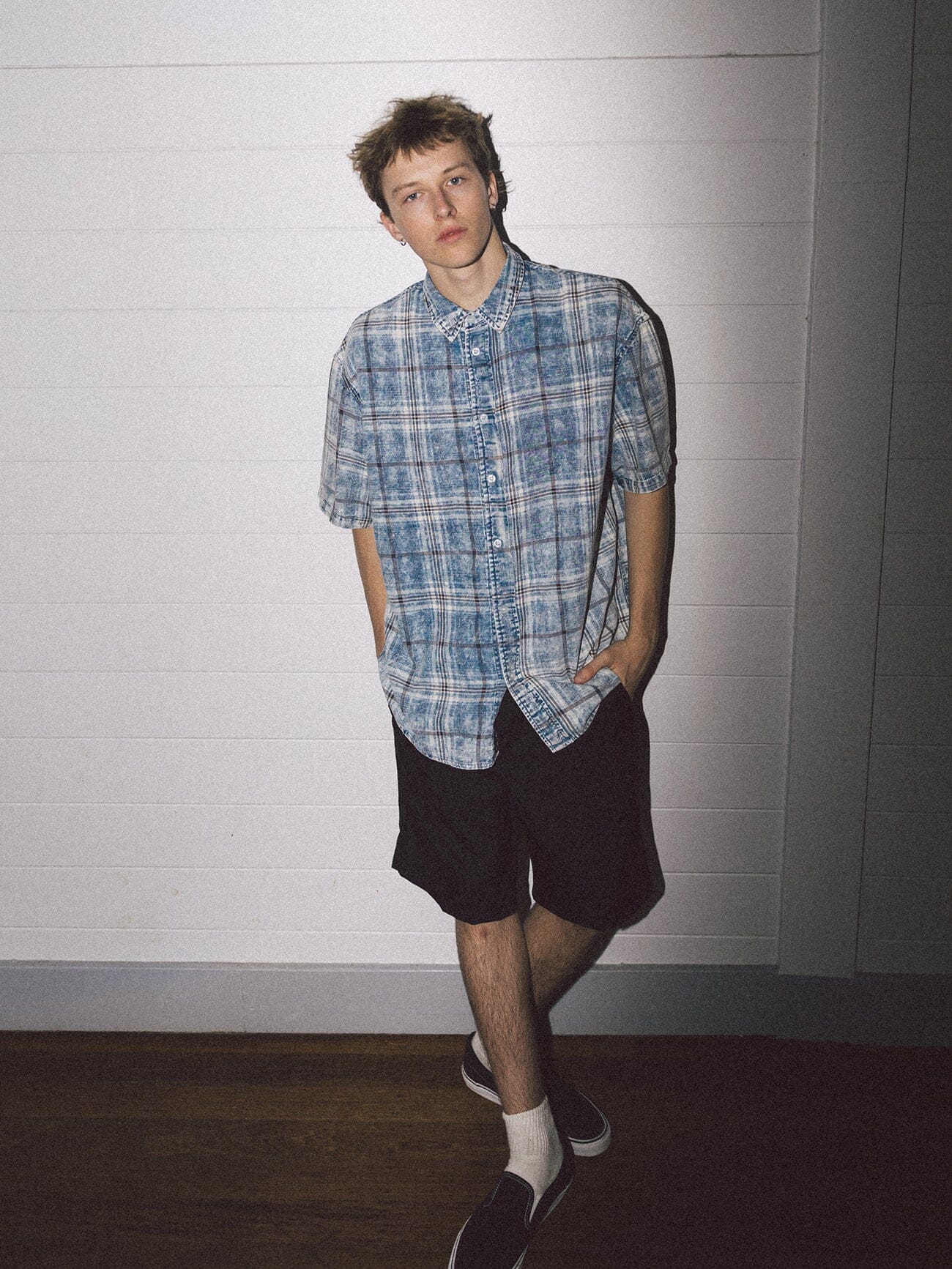 Society Oversize Short Sleeve Check Denim Shirt - Bleach Blue