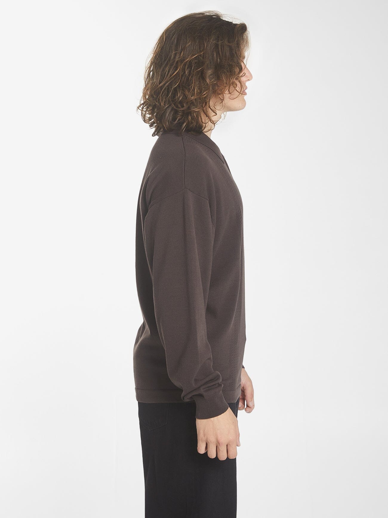 Imperial Jacquard Knit Long Sleeve Polo - Black Coffee XS