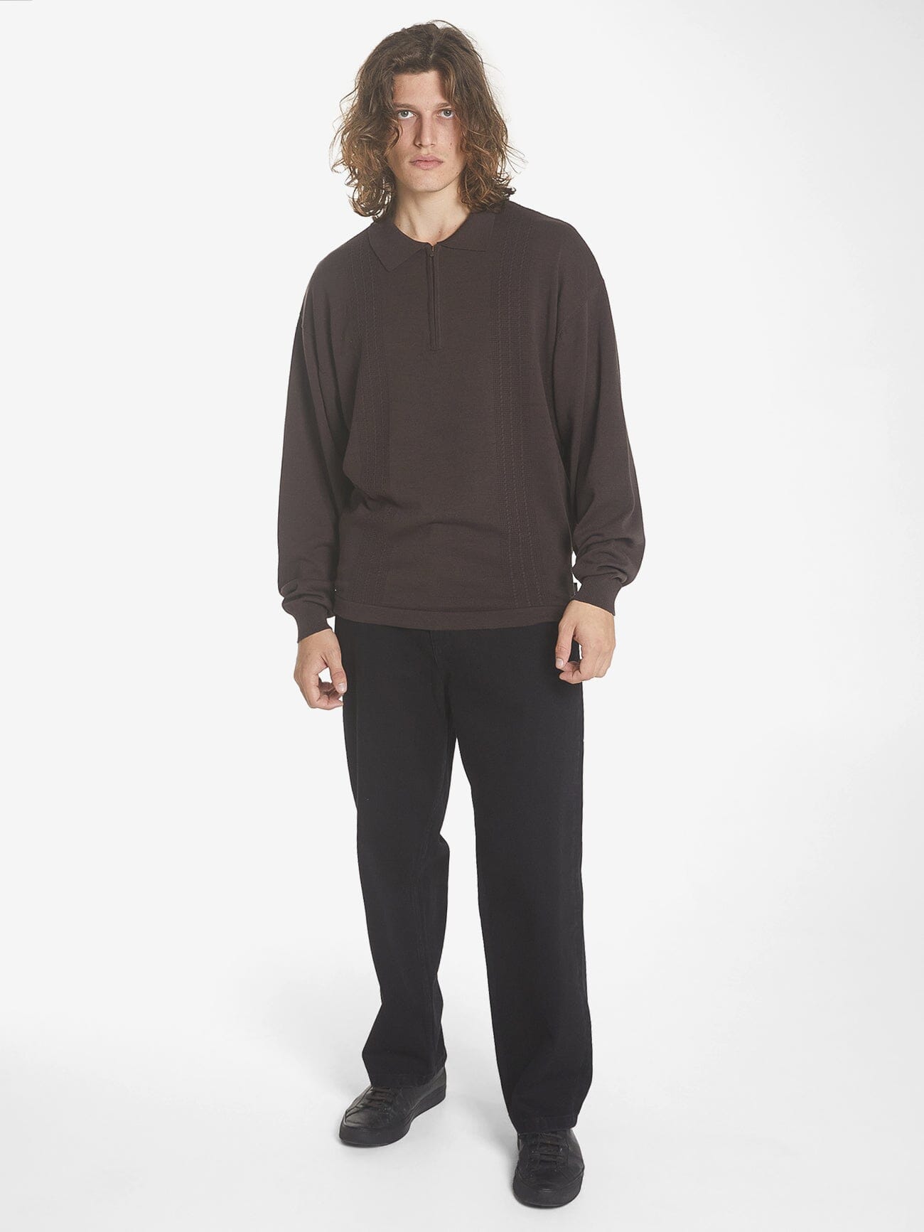 Imperial Jacquard Knit Long Sleeve Polo - Black Coffee XS