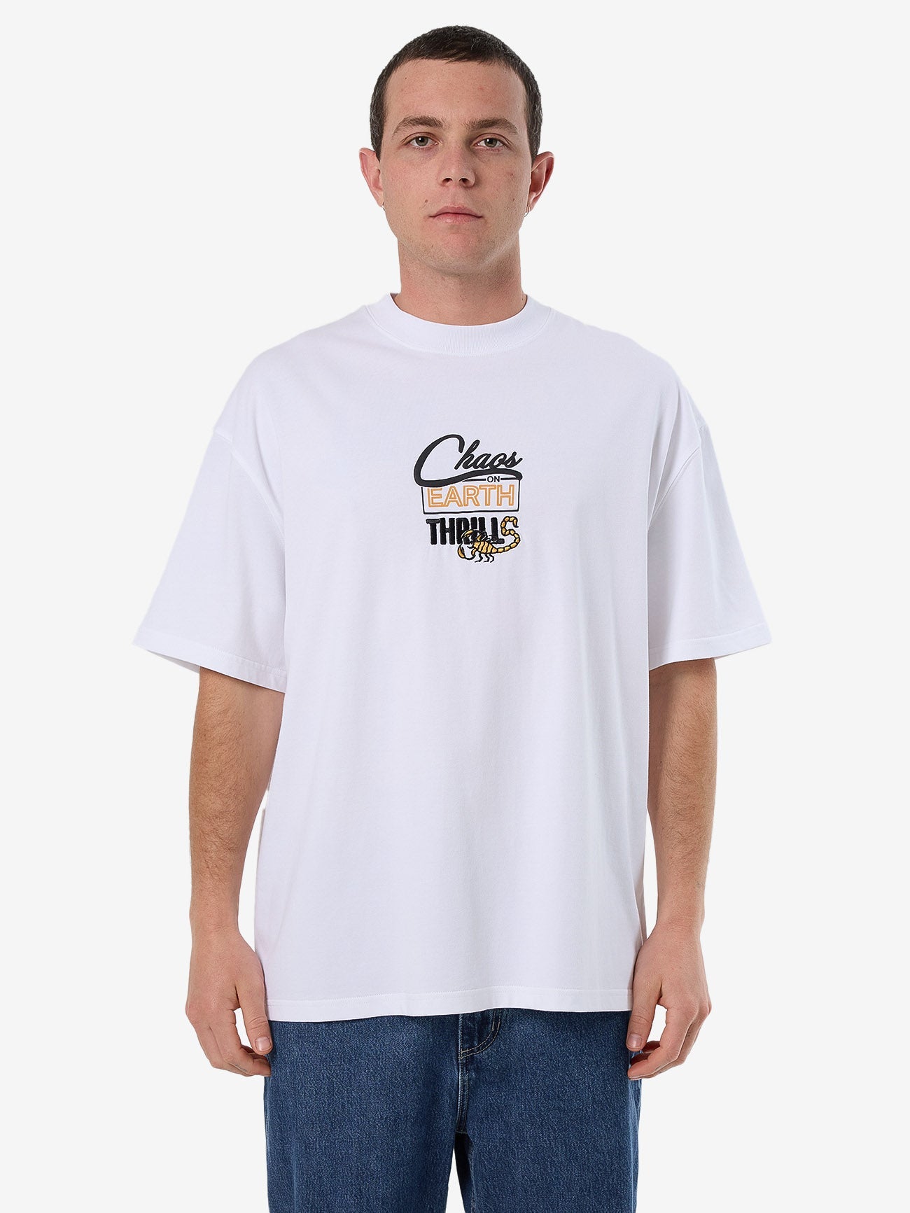 Male model wearing our Thrills This Stings Box Fit Oversize Tee in White standing against a plain studio background.