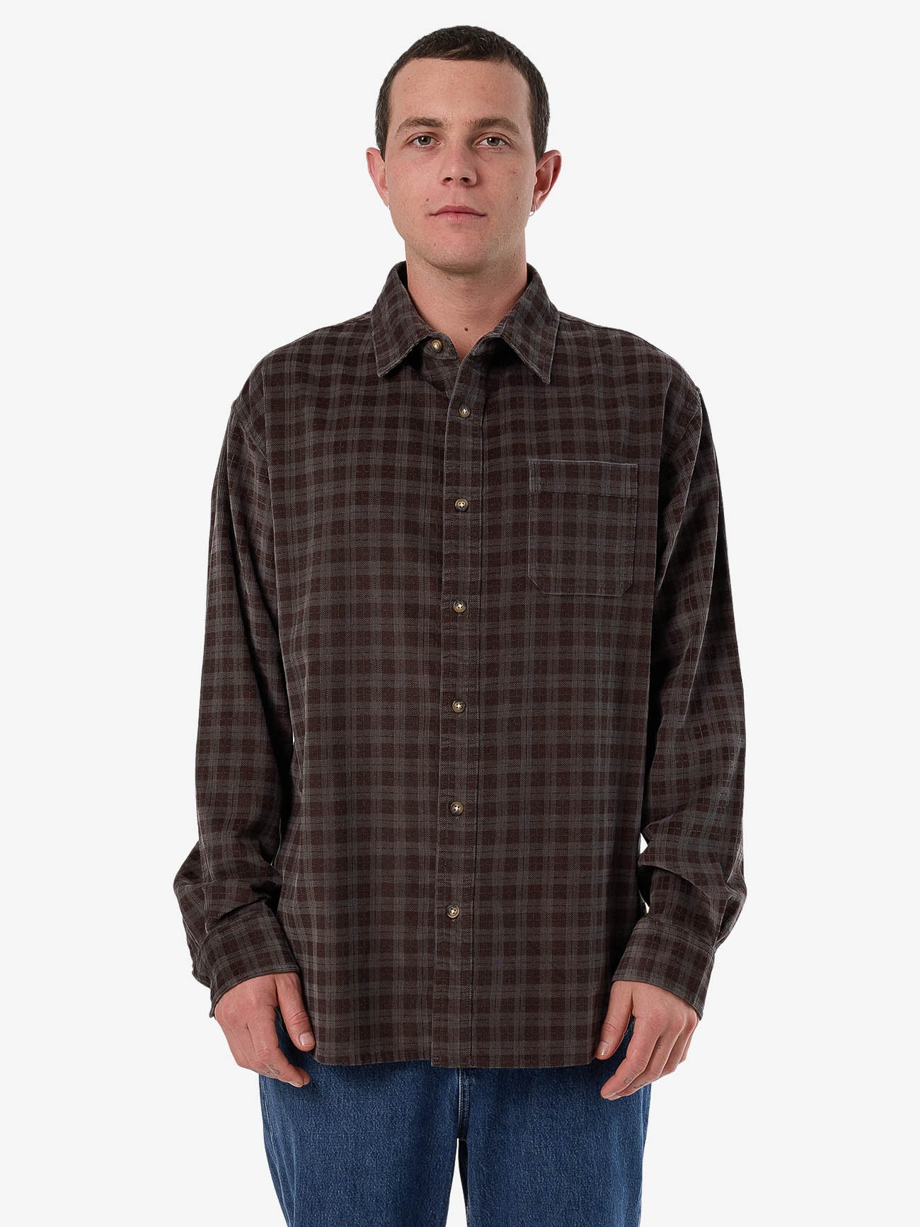 Thrills Union Cord Check Long Sleeve Shirt - Charcoal Rose