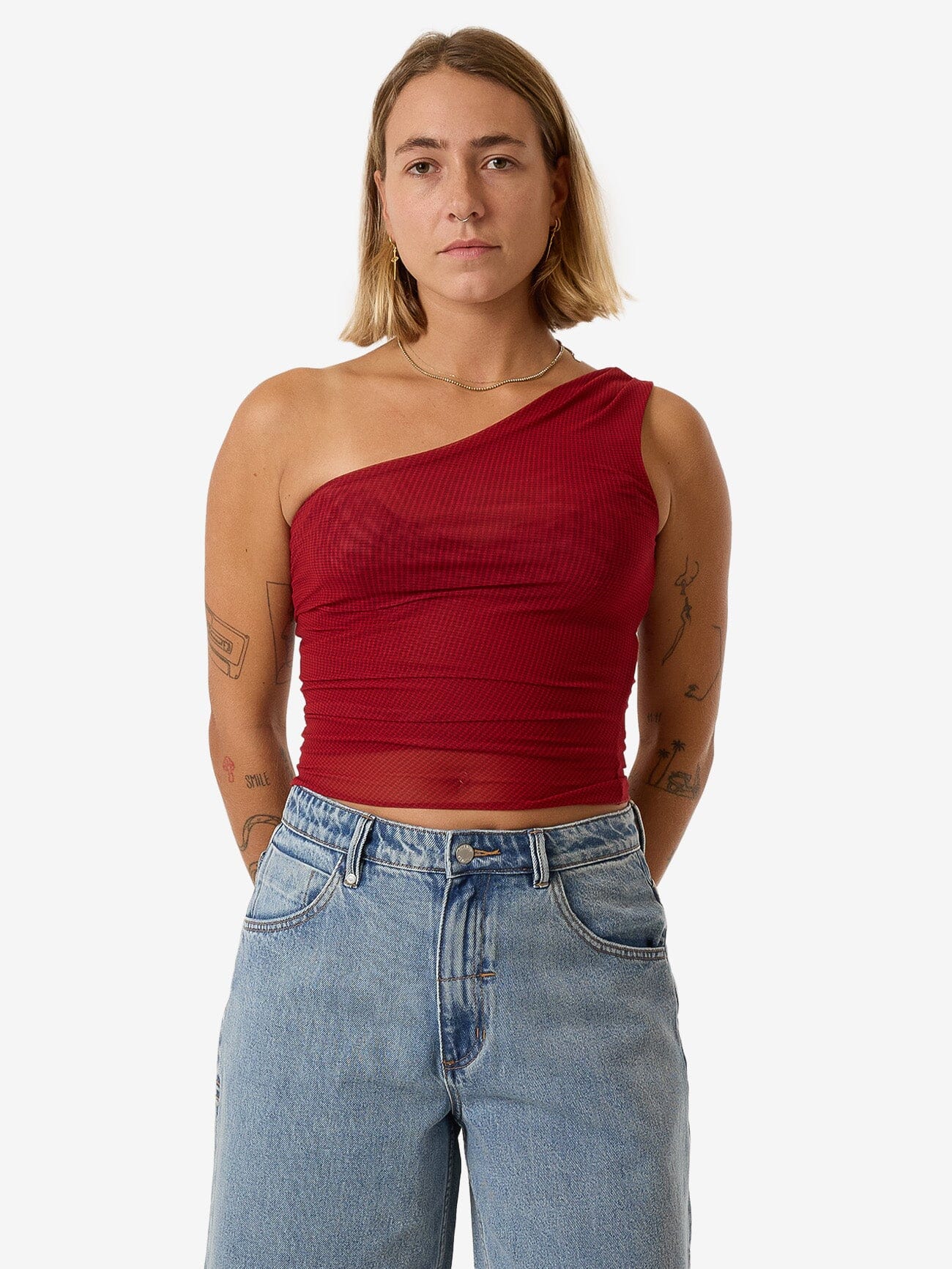 Levitation One Shoulder Mesh Top - Red Dahlia