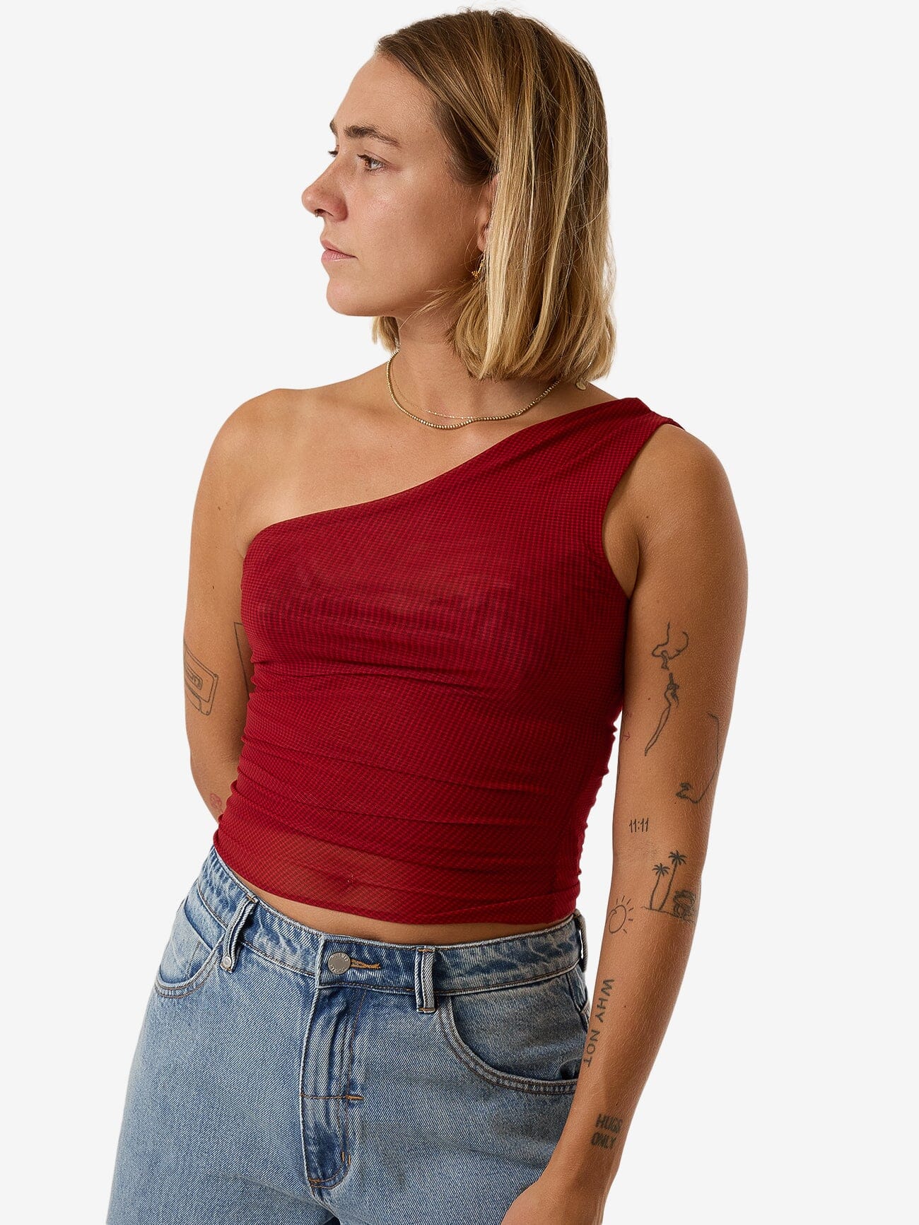 Levitation One Shoulder Mesh Top - Red Dahlia