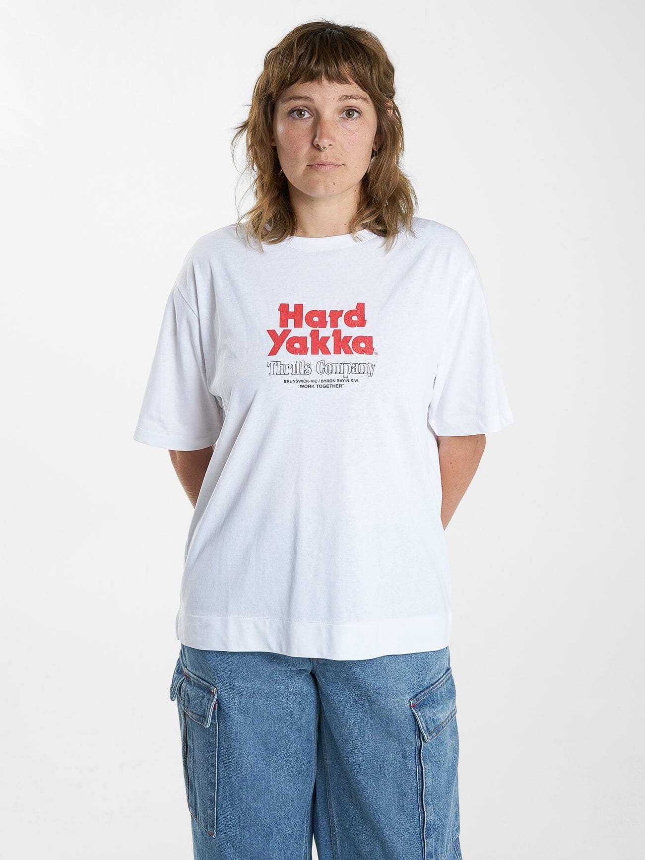 Hard Yakka X Thrills Stacked Box Fit Tee - White