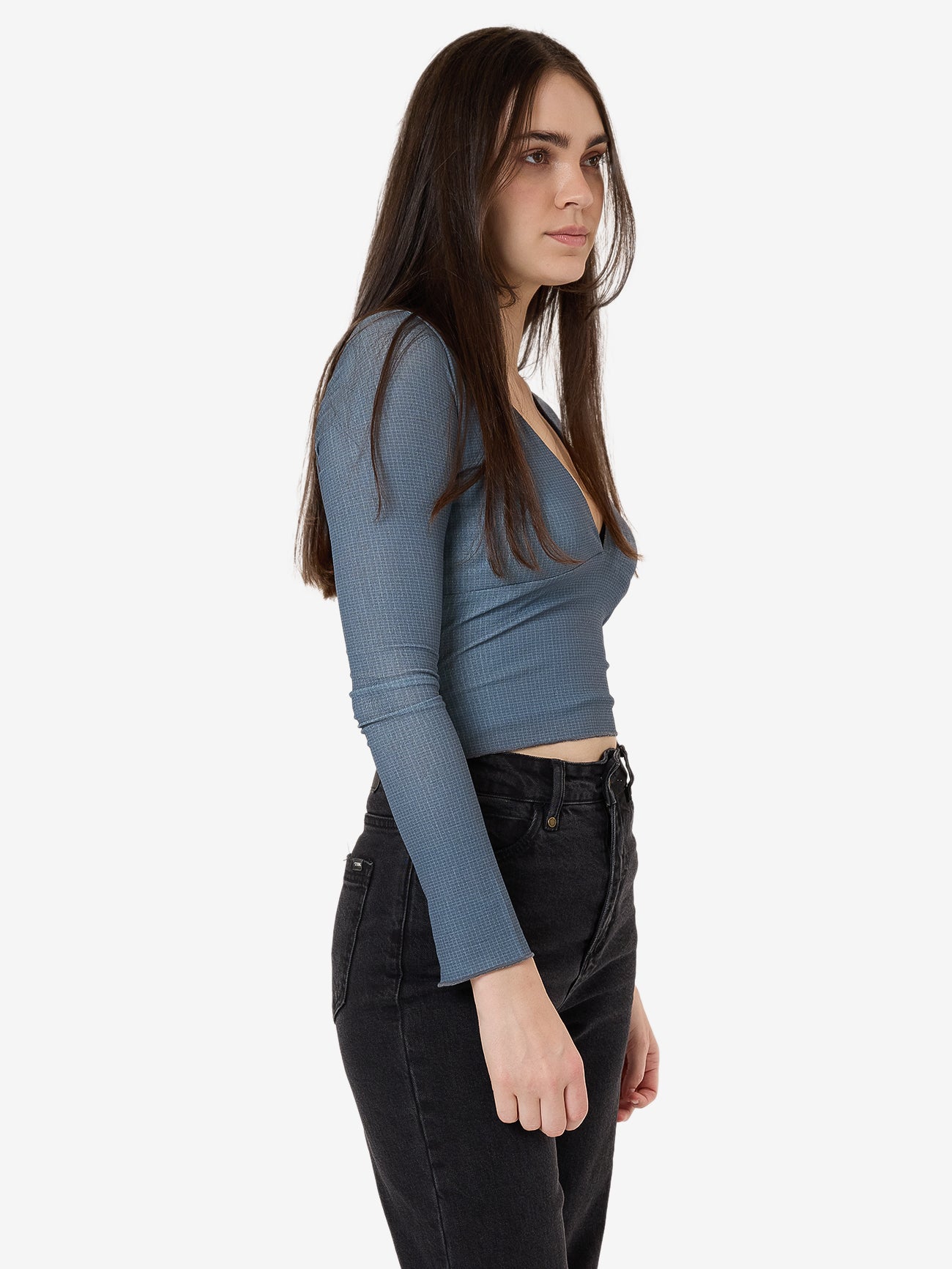 Vertigo Plaid Long Sleeve Top - Charcoal Blue