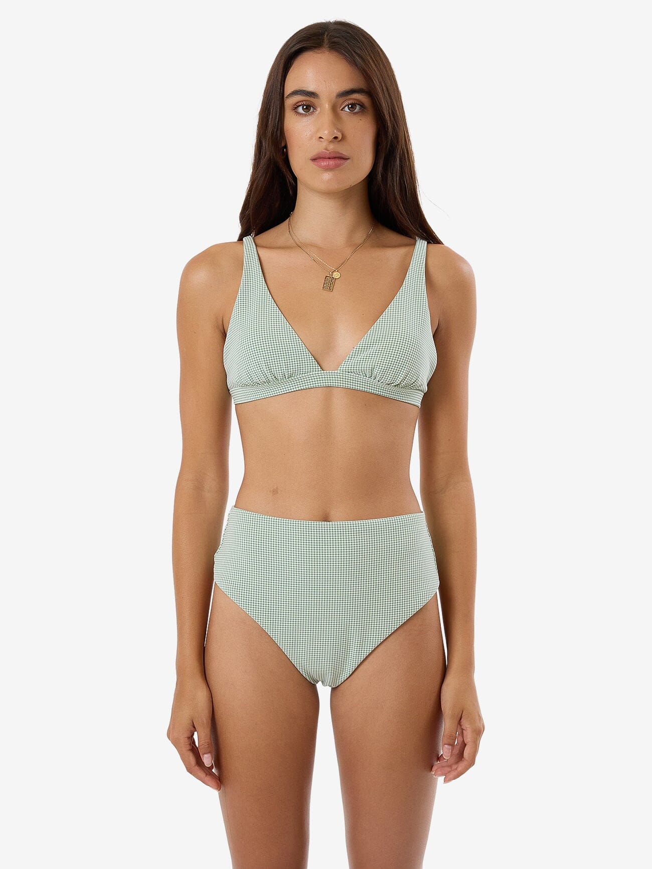 Lou Gingham Tall Triangle Bikini Top - Elm Green 4