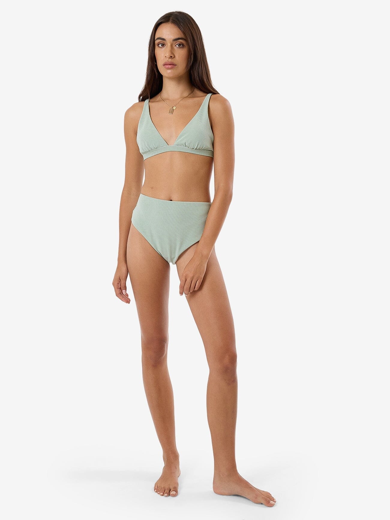 Lou Gingham Tall Triangle Bikini Top - Elm Green