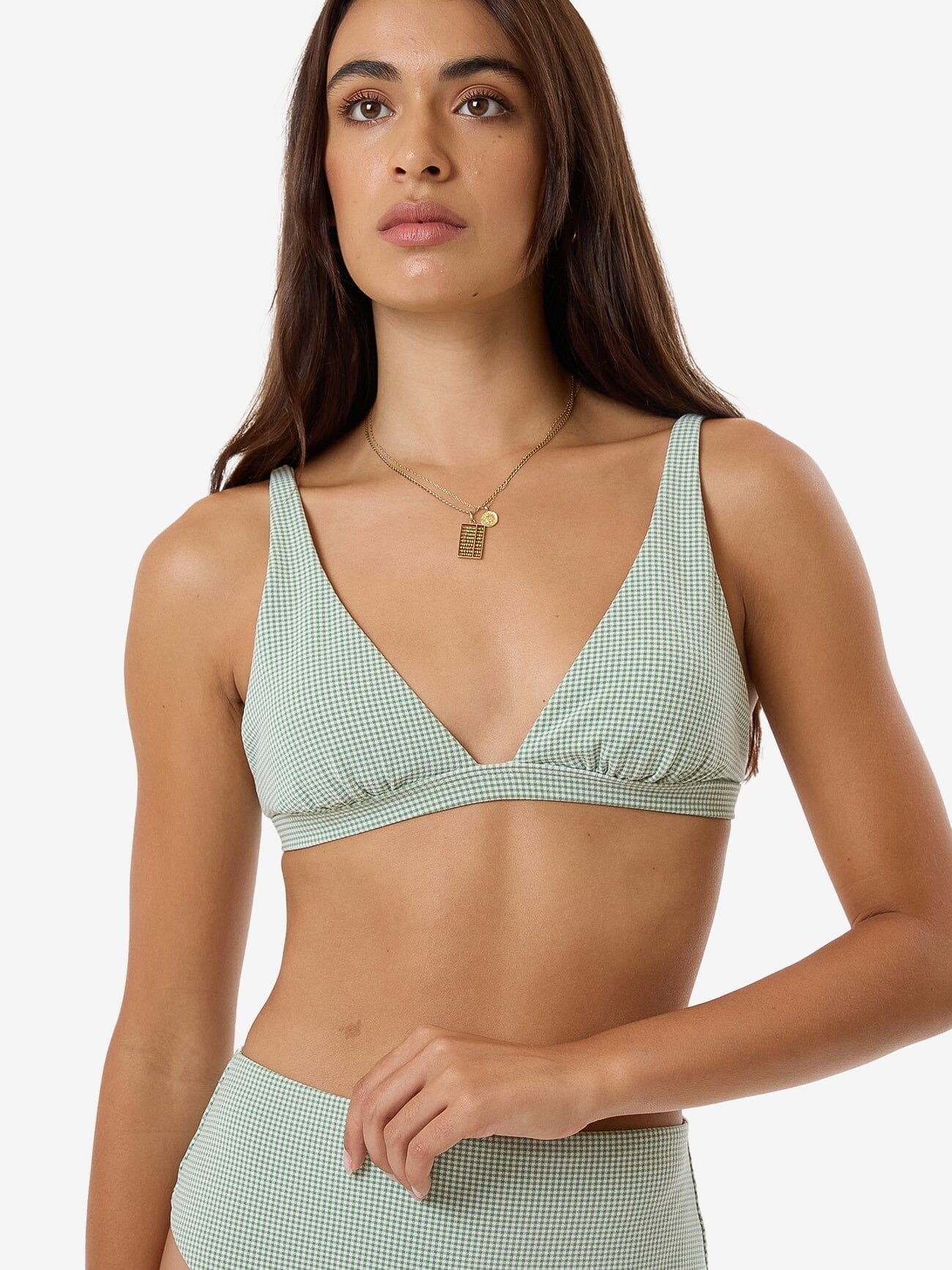 Lou Gingham Tall Triangle Bikini Top - Elm Green